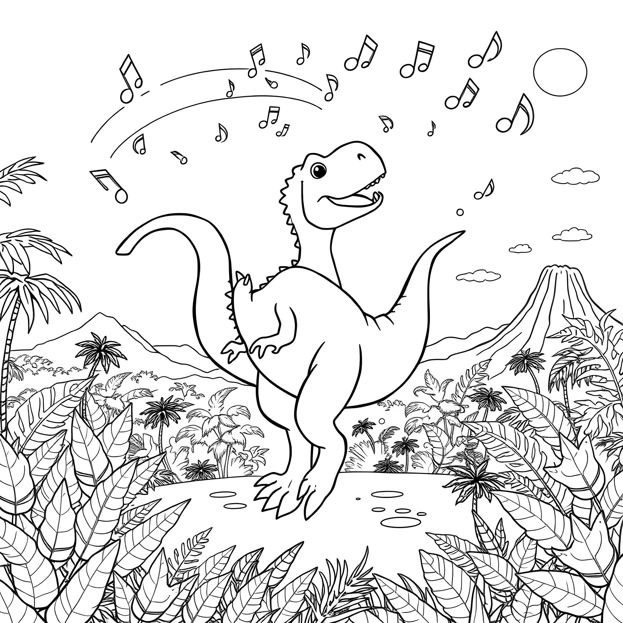 Dinosaur singing joyfully in the lush jungle Coloring Page (free black-and-white line drawing printable PDF for all, from beginners to advanced learners, including children, teens, adults, and seniors)