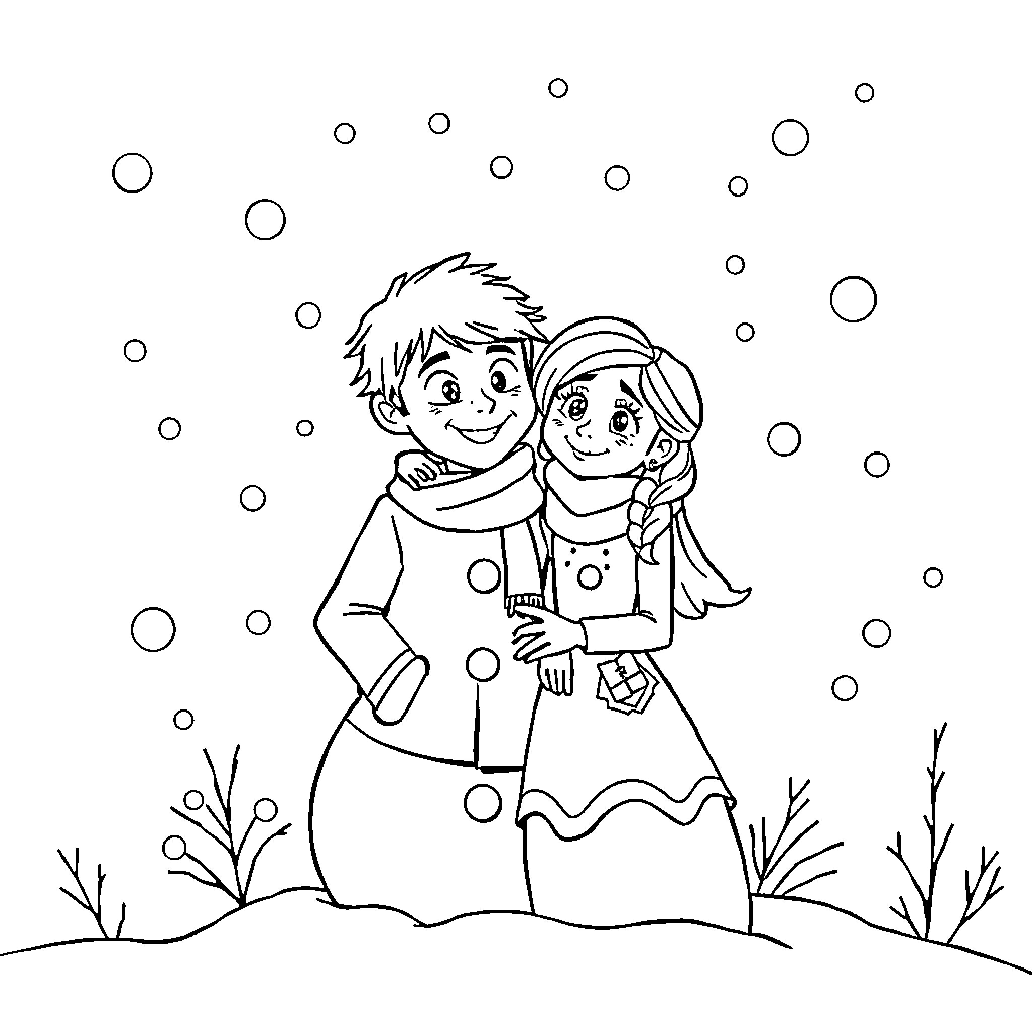 Jack and Sally playing in the snow Coloring Page (free black-and-white line drawing printable PDF for all, from beginners to advanced learners, including children, teens, adults, and seniors)