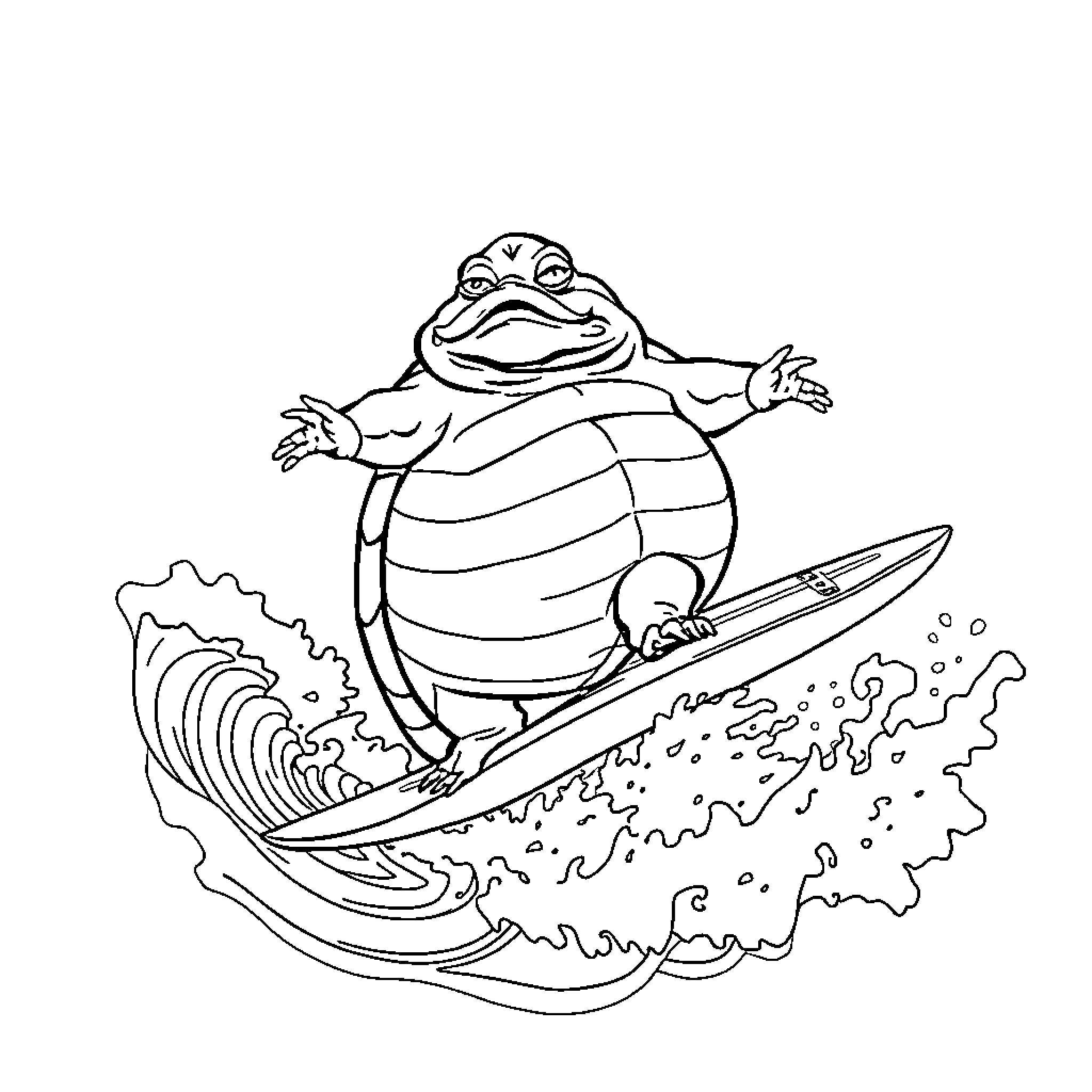 Jabba the Frog Surfing on Waves Coloring Page (free black-and-white line drawing printable PDF for all, from beginners to advanced learners, including children, teens, adults, and seniors)