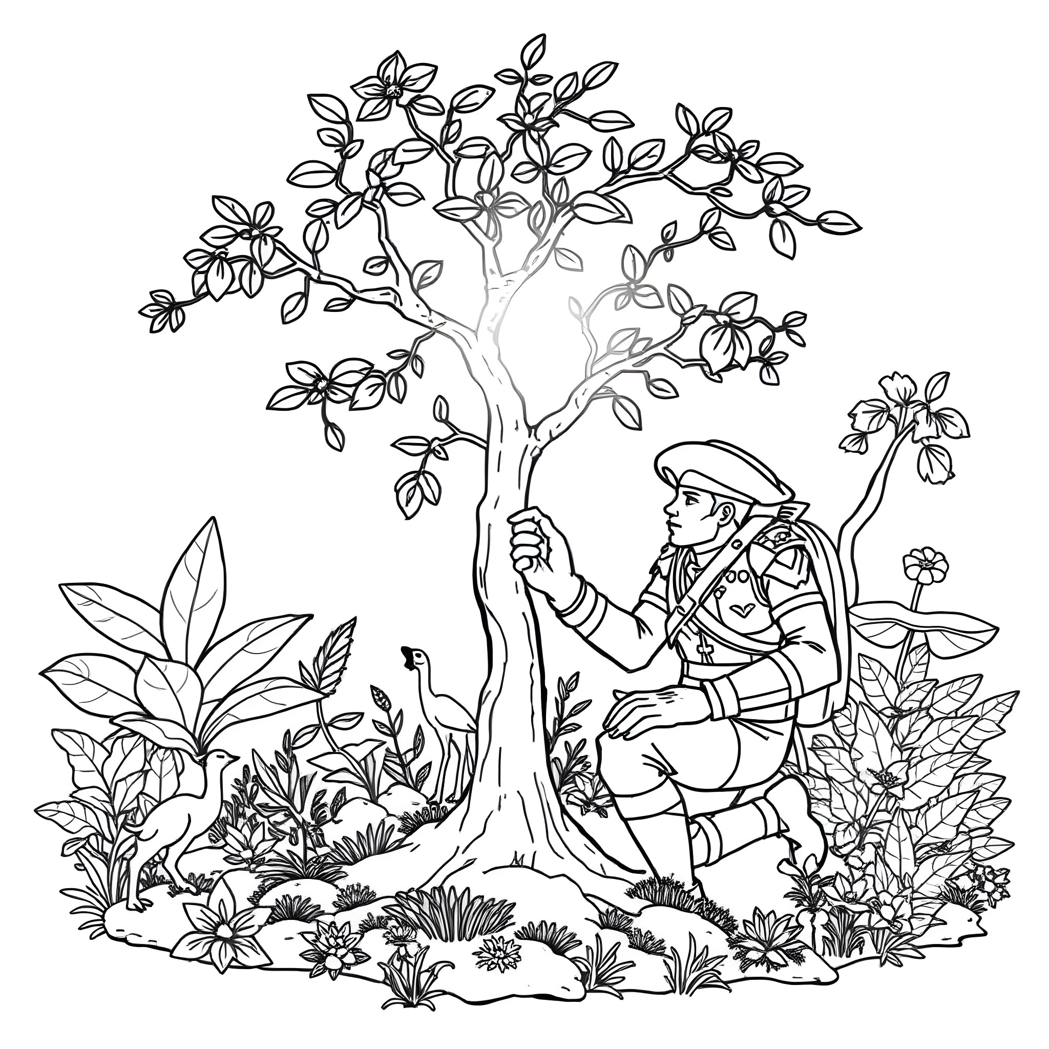 Captain Planet planting a tree in a lush garden Coloring Page (free black-and-white line drawing printable PDF for all, from beginners to advanced learners, including children, teens, adults, and seniors)