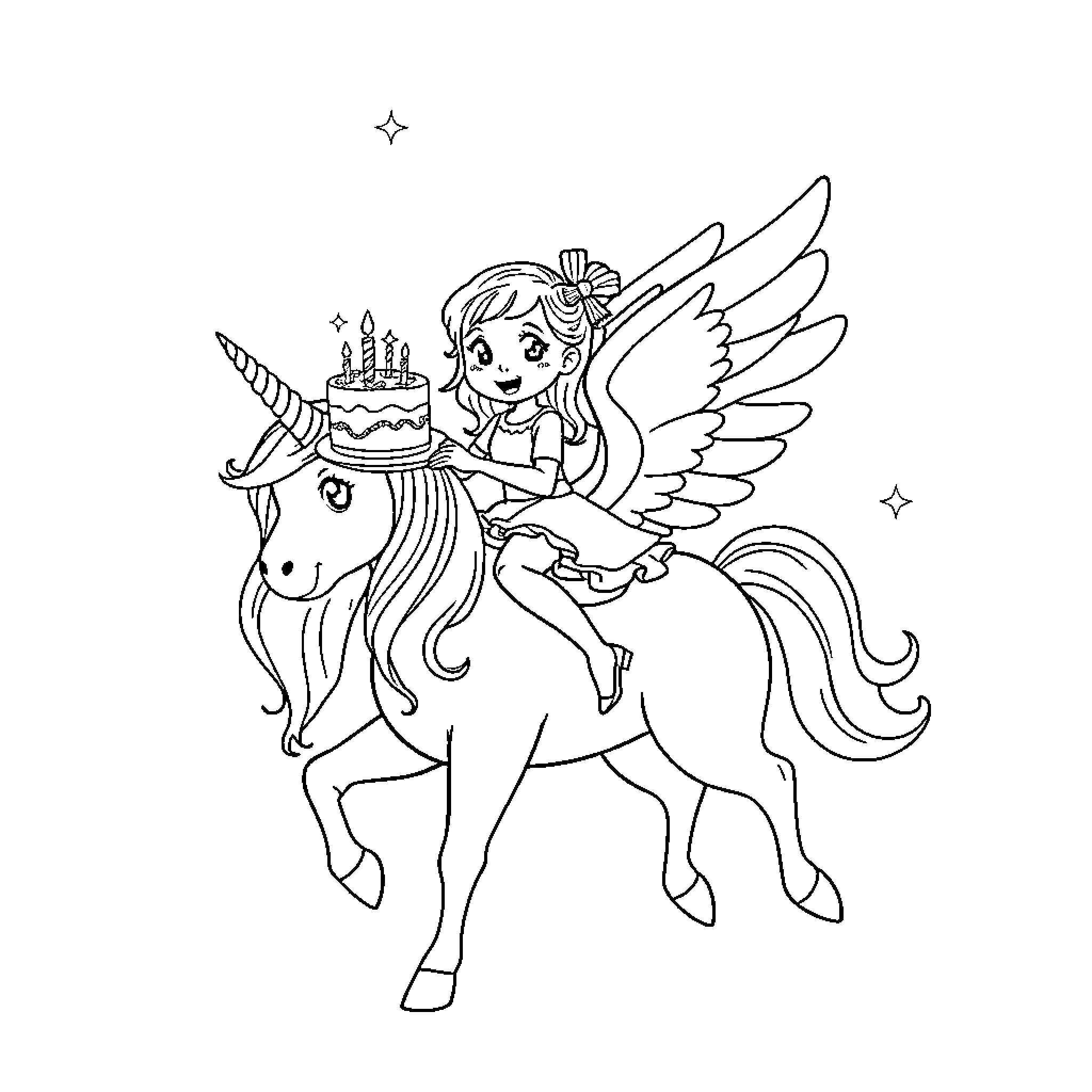 Birthday Girl Riding Magical Unicorn Coloring Page (free black-and-white line drawing printable PDF for all, from beginners to advanced learners, including children, teens, adults, and seniors)