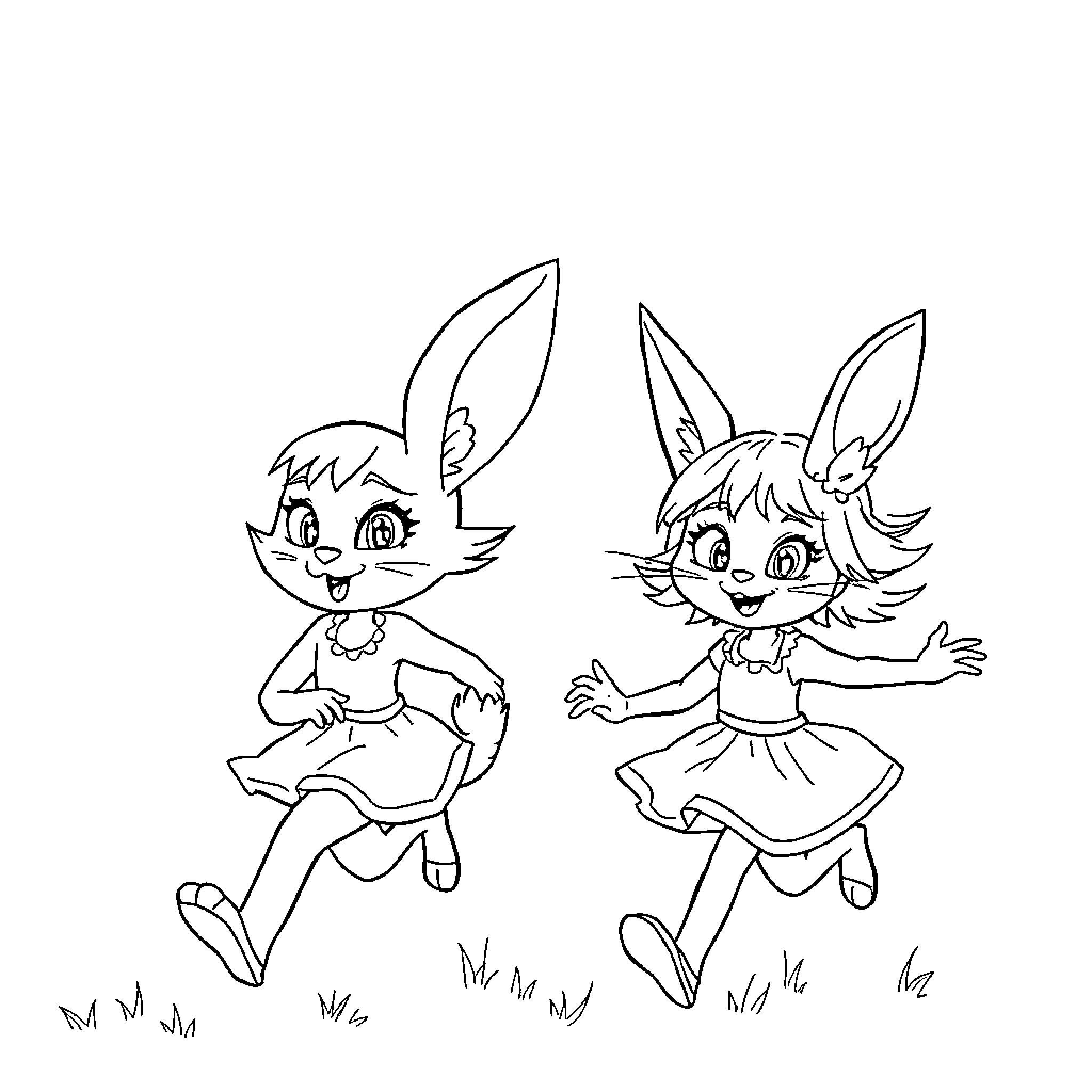 Catgirl friends jumping playfully in the meadow Coloring Page (free black-and-white line drawing printable PDF for all, from beginners to advanced learners, including children, teens, adults, and seniors)