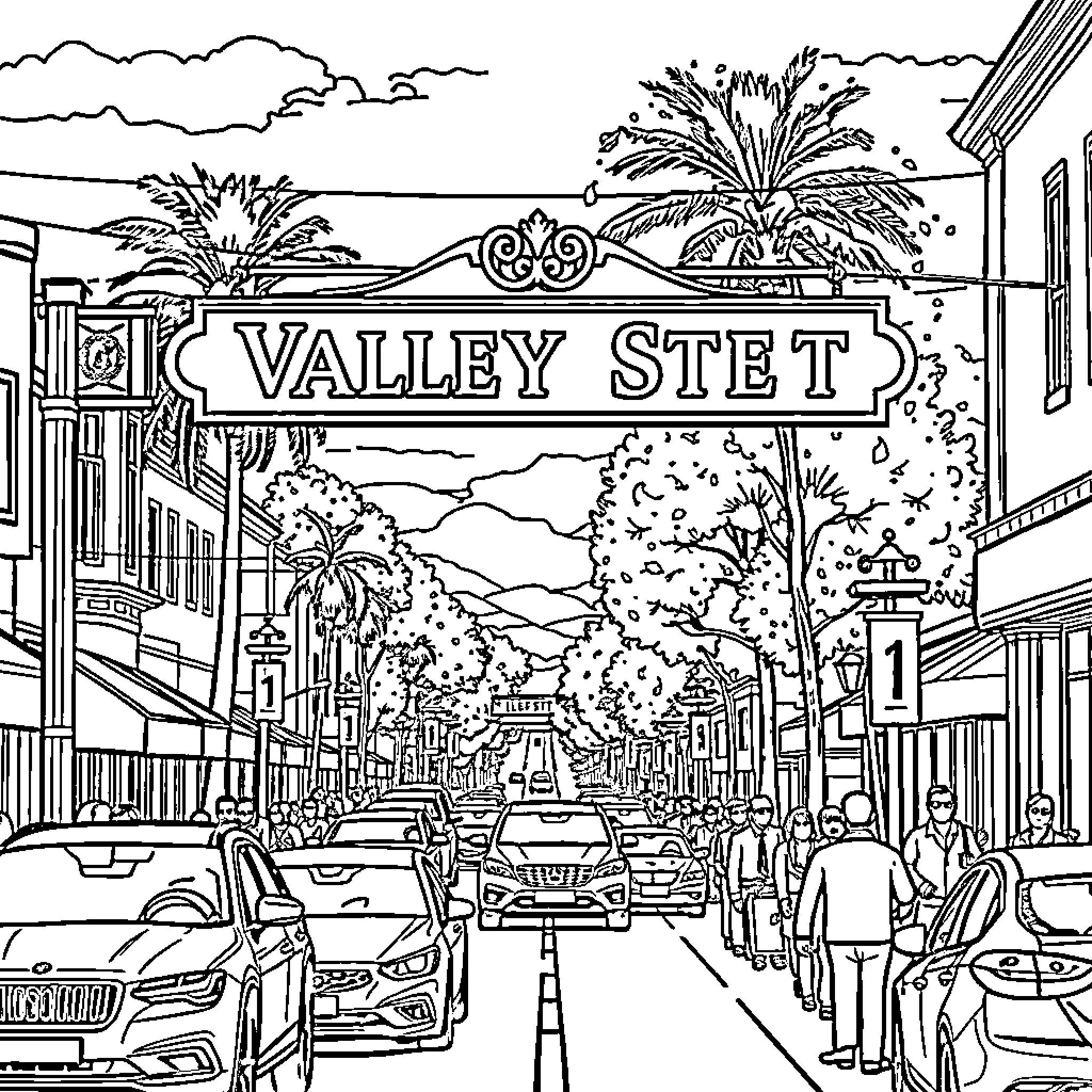 Valley Sign Street scene with people, cars, and palm trees Coloring Page (free black-and-white line drawing printable PDF for all, from beginners to advanced learners, including children, teens, adults, and seniors)