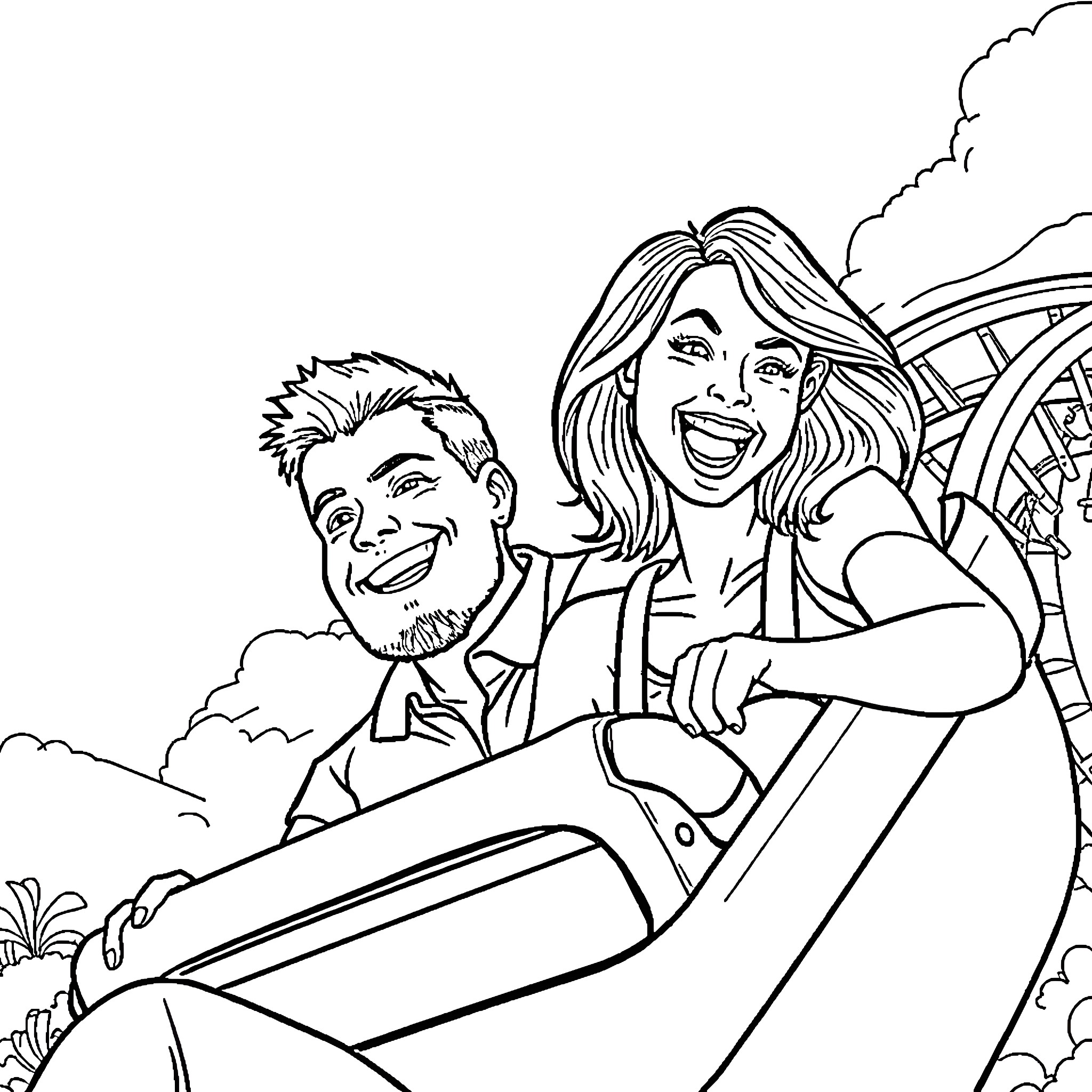 Man and Woman Enjoying Thrilling Amusement Ride Coloring Page (free black-and-white line drawing printable PDF for all, from beginners to advanced learners, including children, teens, adults, and seniors)