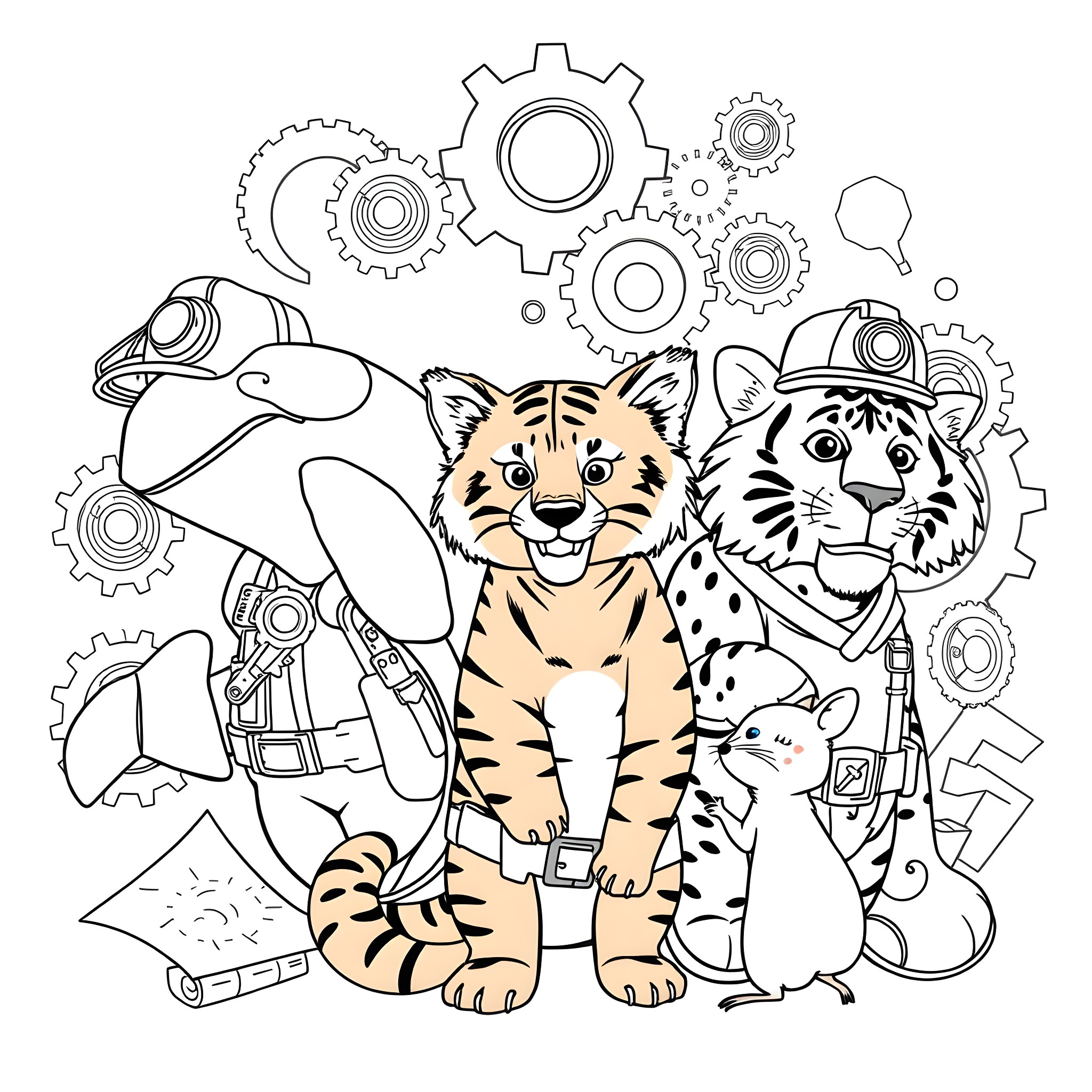 Animal Engineers with Mechanical Parts Coloring Page (free black-and-white line drawing printable PDF for all, from beginners to advanced learners, including children, teens, adults, and seniors)