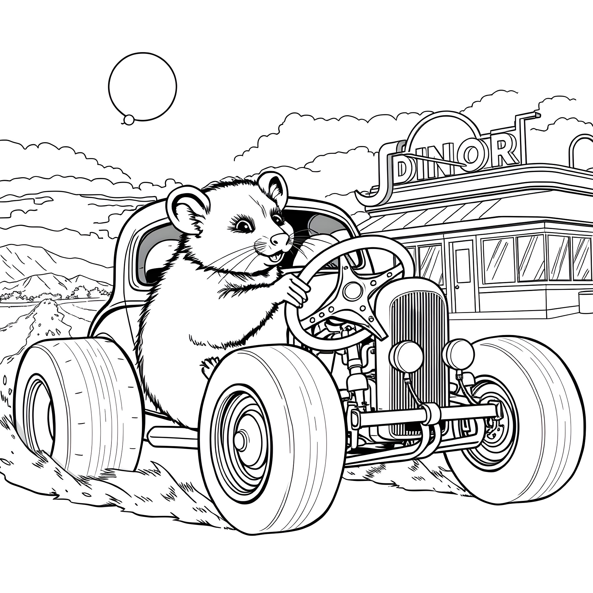 Possum driving a vintage car near the Diner Coloring Page (free black-and-white line drawing printable PDF for all, from beginners to advanced learners, including children, teens, adults, and seniors)
