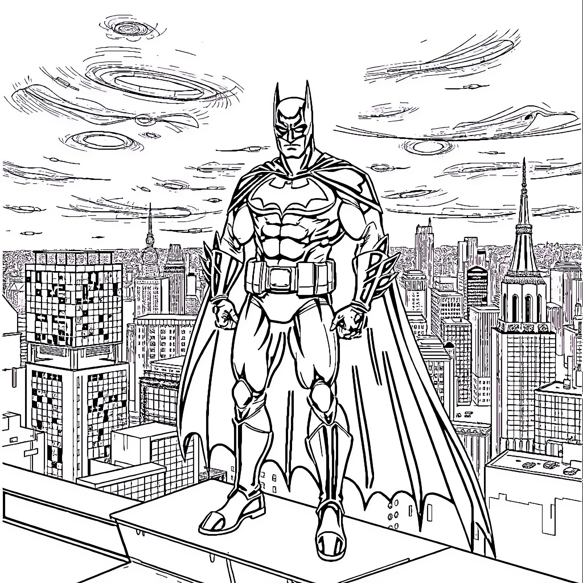 Batman surveying the cityscape with vigilance Coloring Page (free black-and-white line drawing printable PDF for all, from beginners to advanced learners, including children, teens, adults, and seniors)