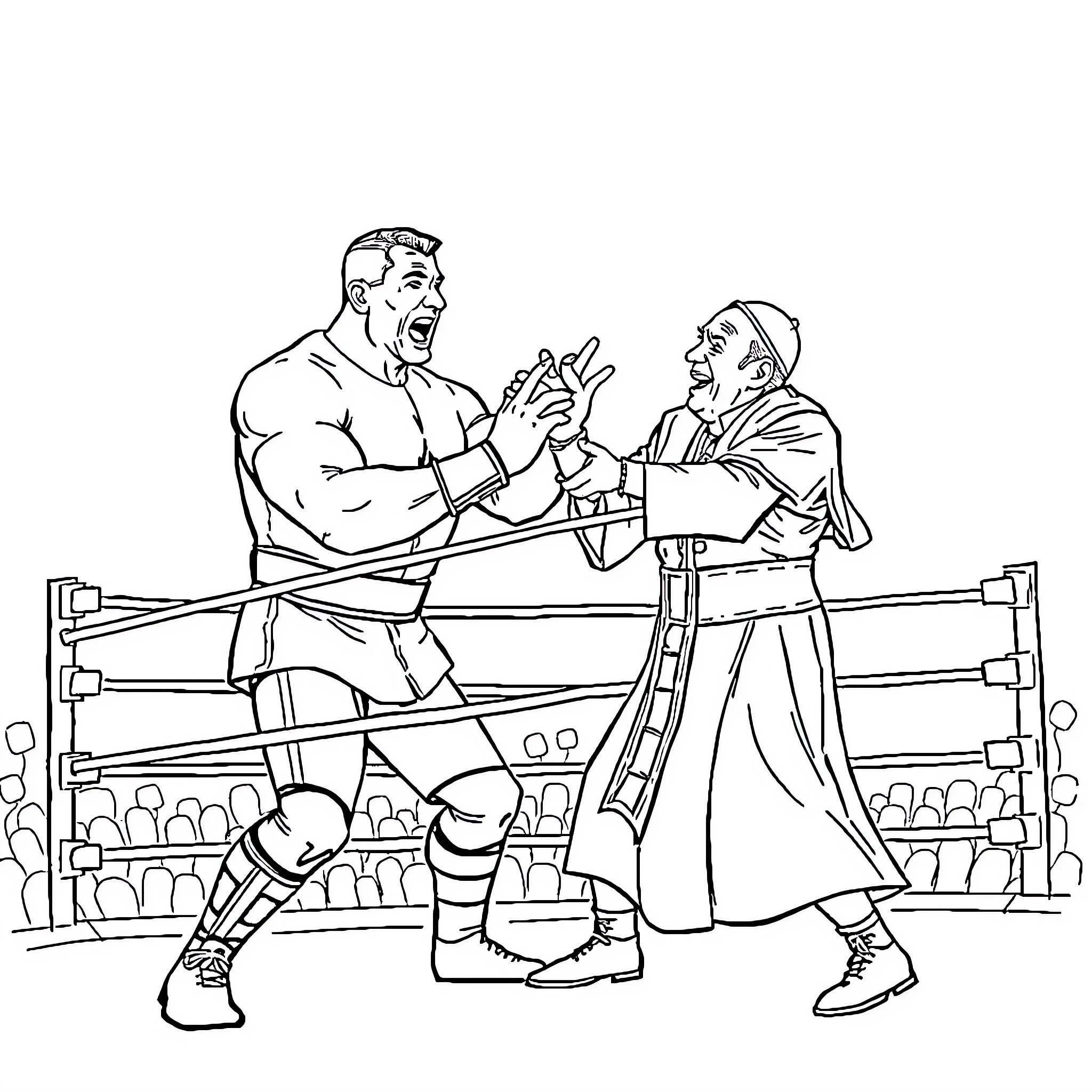 John Cena arm wrestling with opponent in wrestling ring Coloring Page (free black-and-white line drawing printable PDF for all, from beginners to advanced learners, including children, teens, adults, and seniors)
