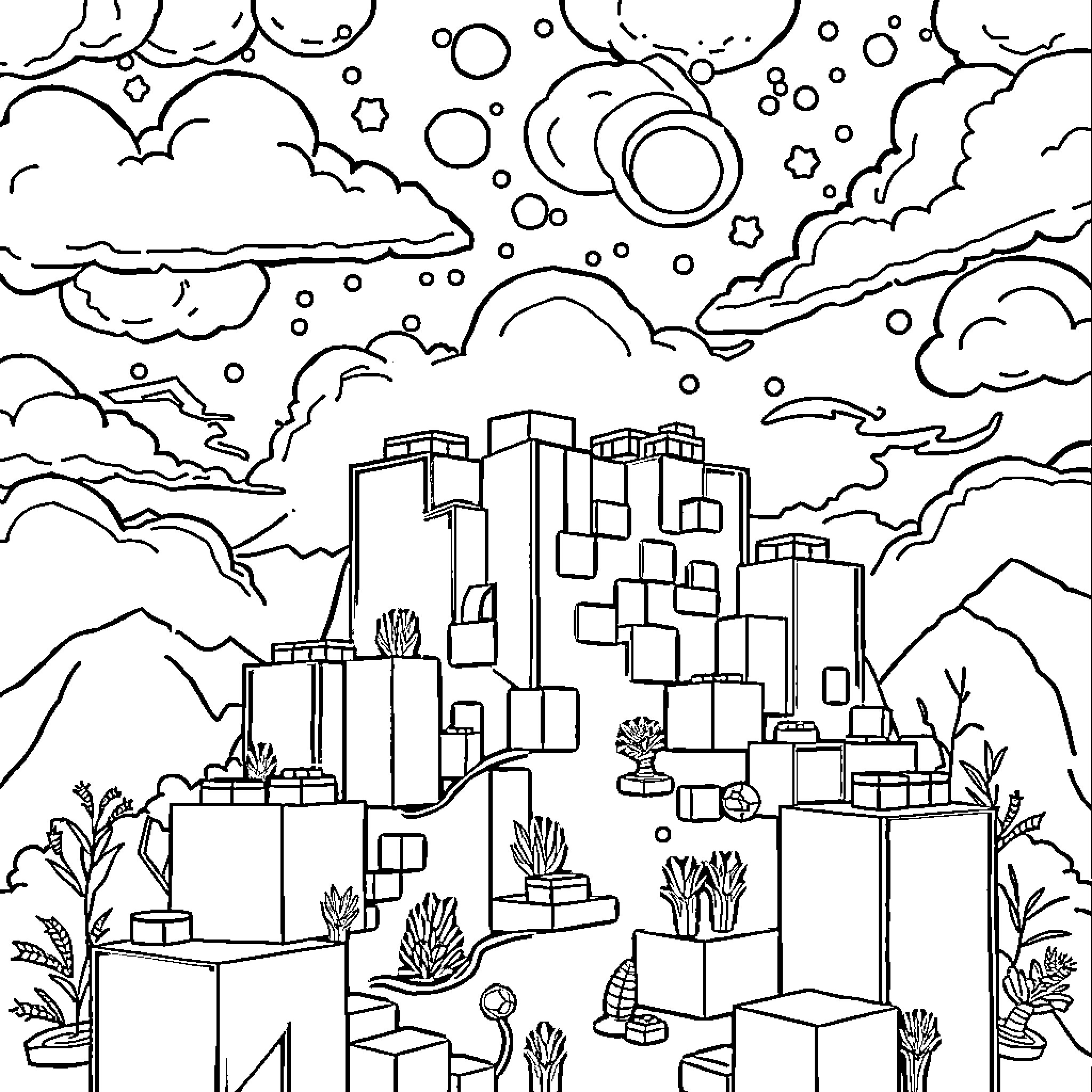 Minecraft Landscape with Geometric Buildings and Clouds Coloring Page (free black-and-white line drawing printable PDF for all, from beginners to advanced learners, including children, teens, adults, and seniors)
