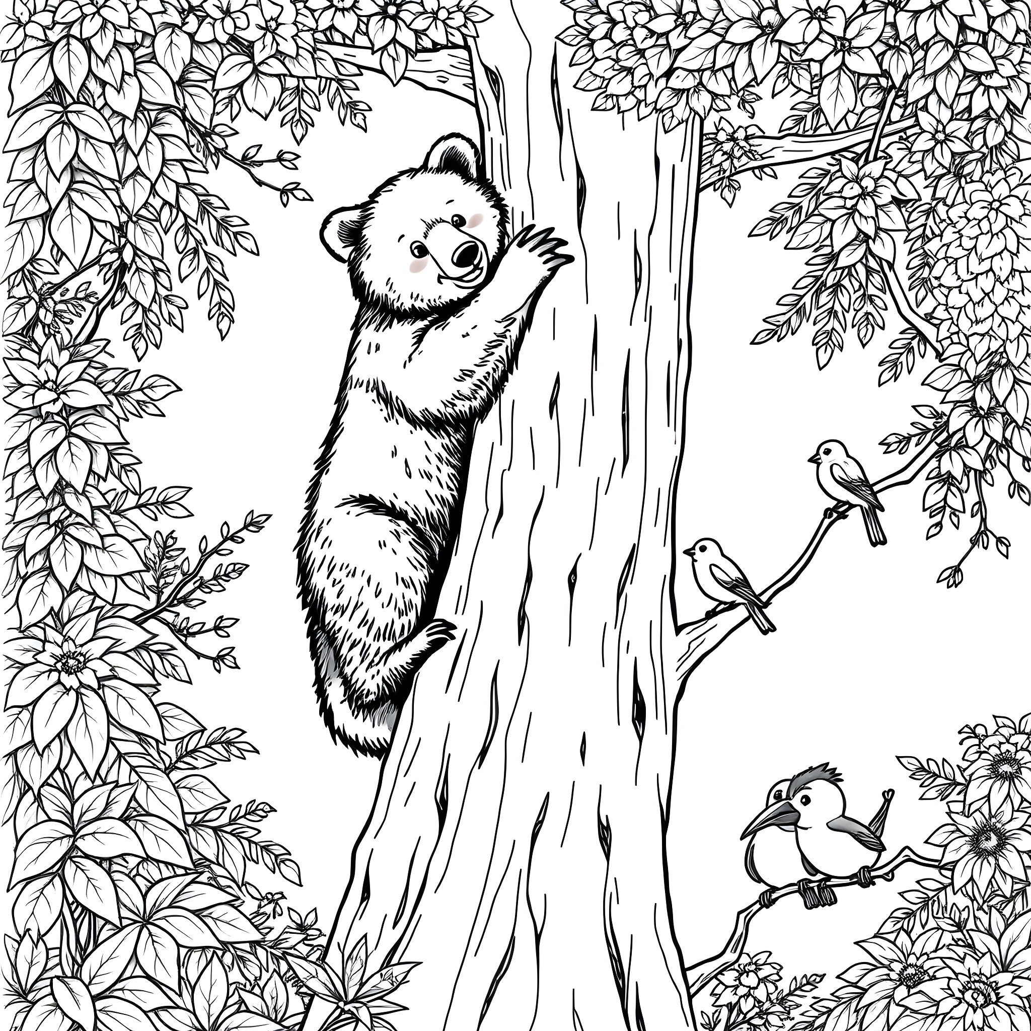 Bear climbing tree amid lush foliage and birds Coloring Page (free black-and-white line drawing printable PDF for all, from beginners to advanced learners, including children, teens, adults, and seniors)