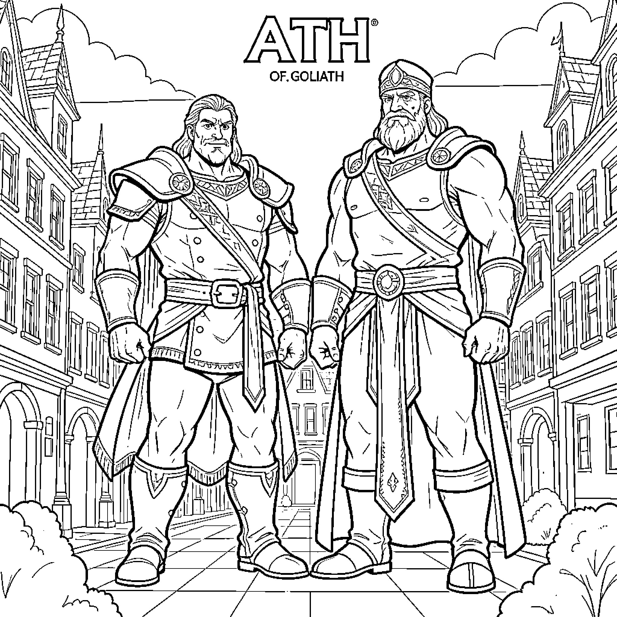 Monsieur Goliath standing tall in a medieval street Coloring Page (free black-and-white line drawing printable PDF for all, from beginners to advanced learners, including children, teens, adults, and seniors)
