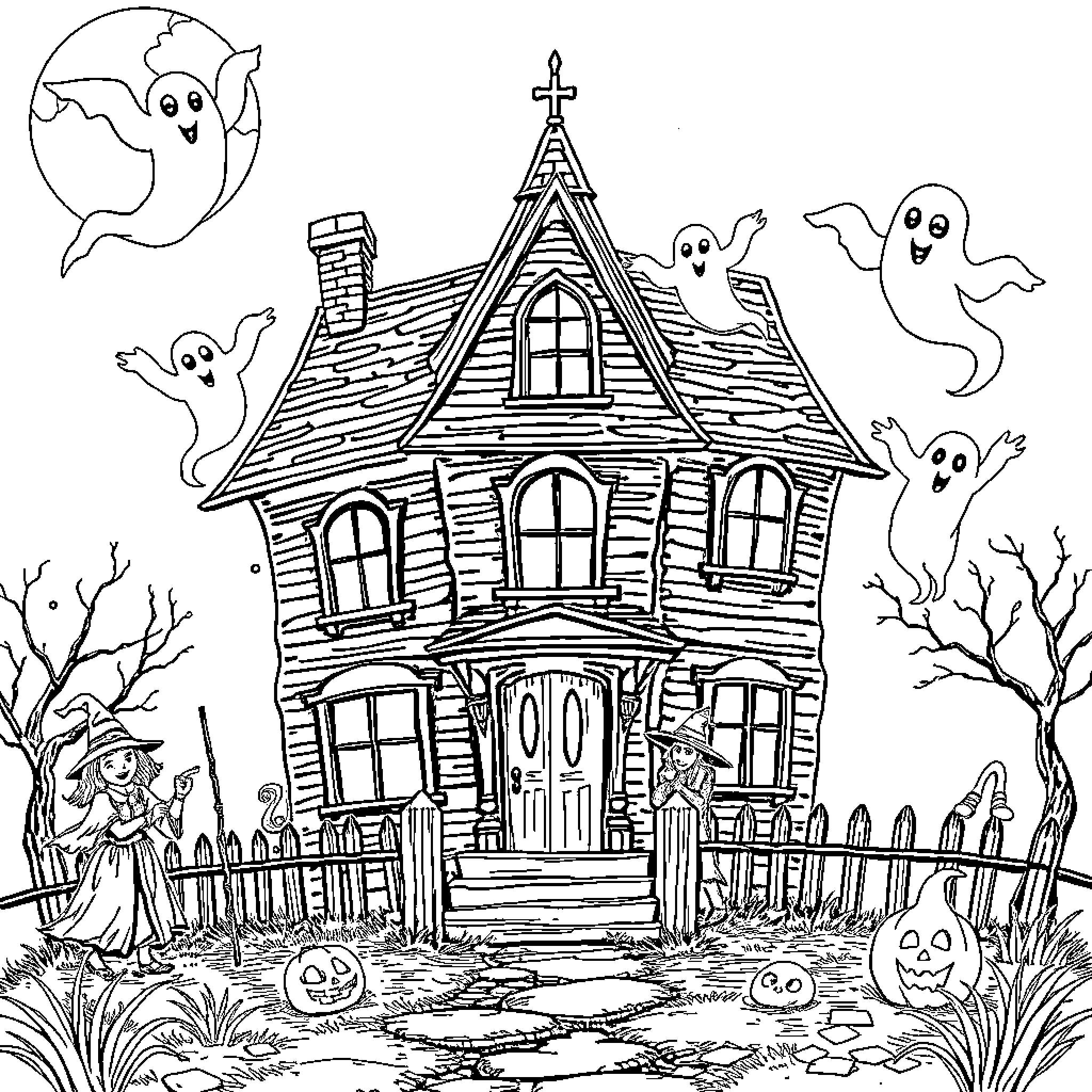 House with Ghosts and Pumpkins on Halloween Coloring Page (free black-and-white line drawing printable PDF for all, from beginners to advanced learners, including children, teens, adults, and seniors)