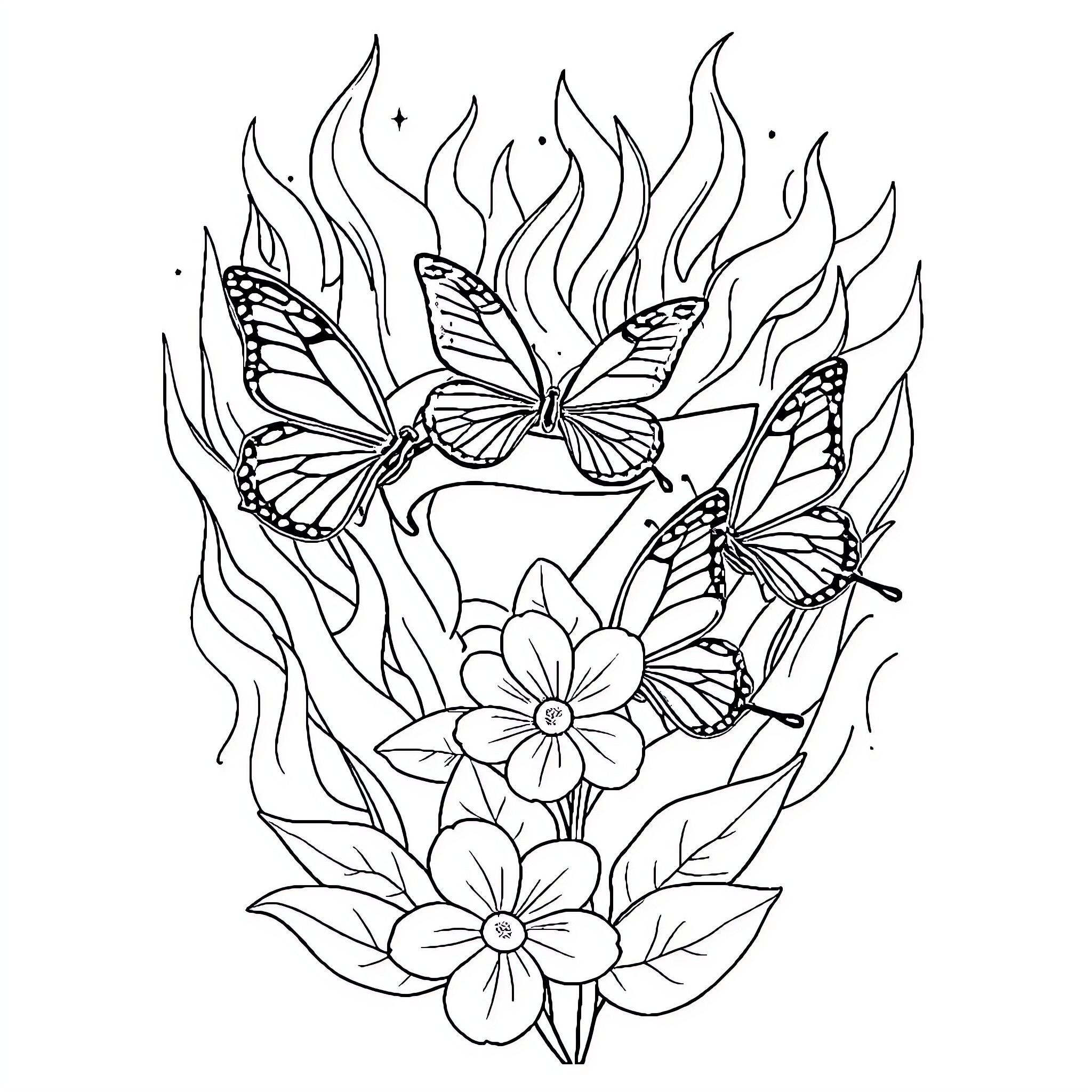 Butterfly fluttering among vibrant flowers Coloring Page (free black-and-white line drawing printable PDF for all, from beginners to advanced learners, including children, teens, adults, and seniors)