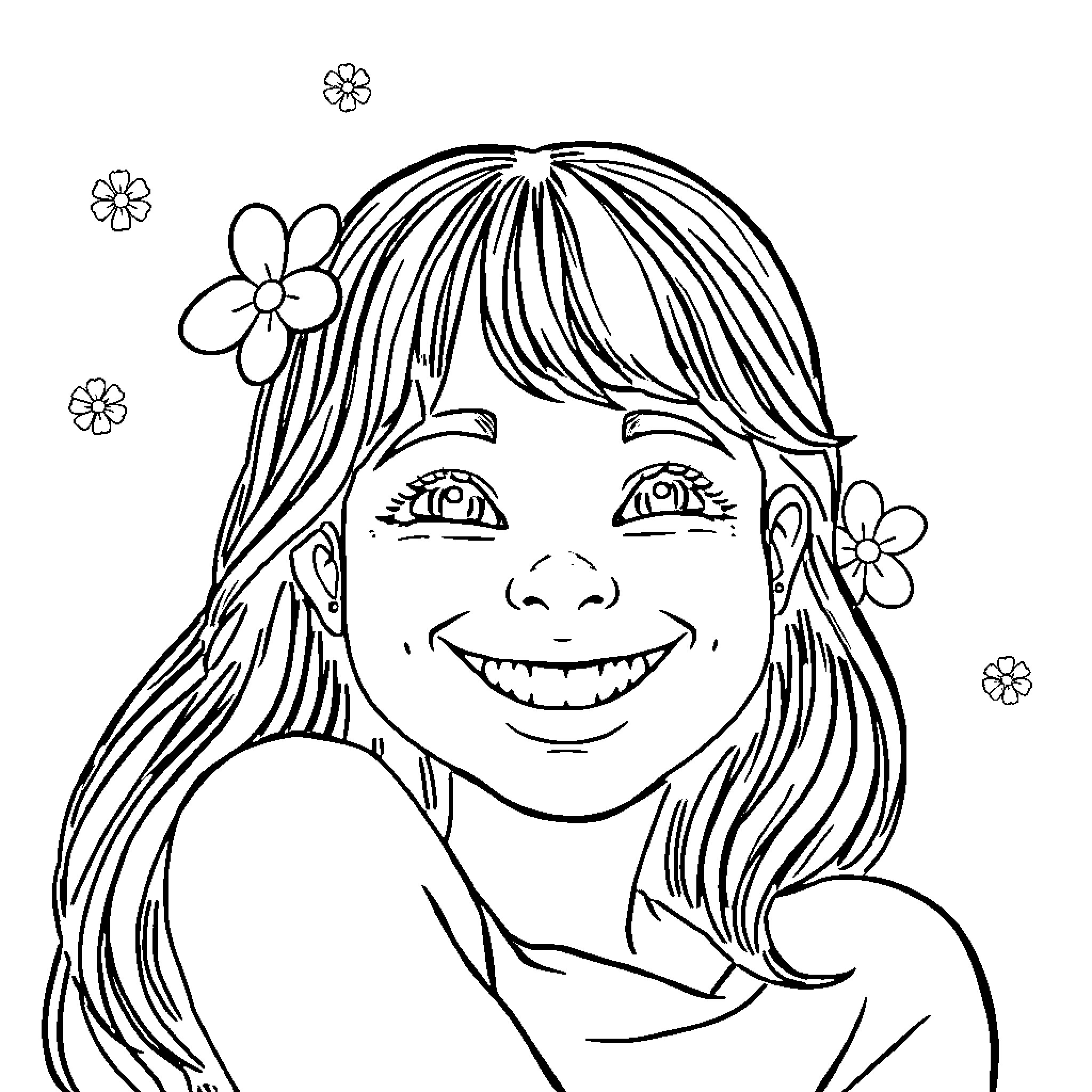 Smile of a happy young girl with flowers Coloring Page (free black-and-white line drawing printable PDF for all, from beginners to advanced learners, including children, teens, adults, and seniors)