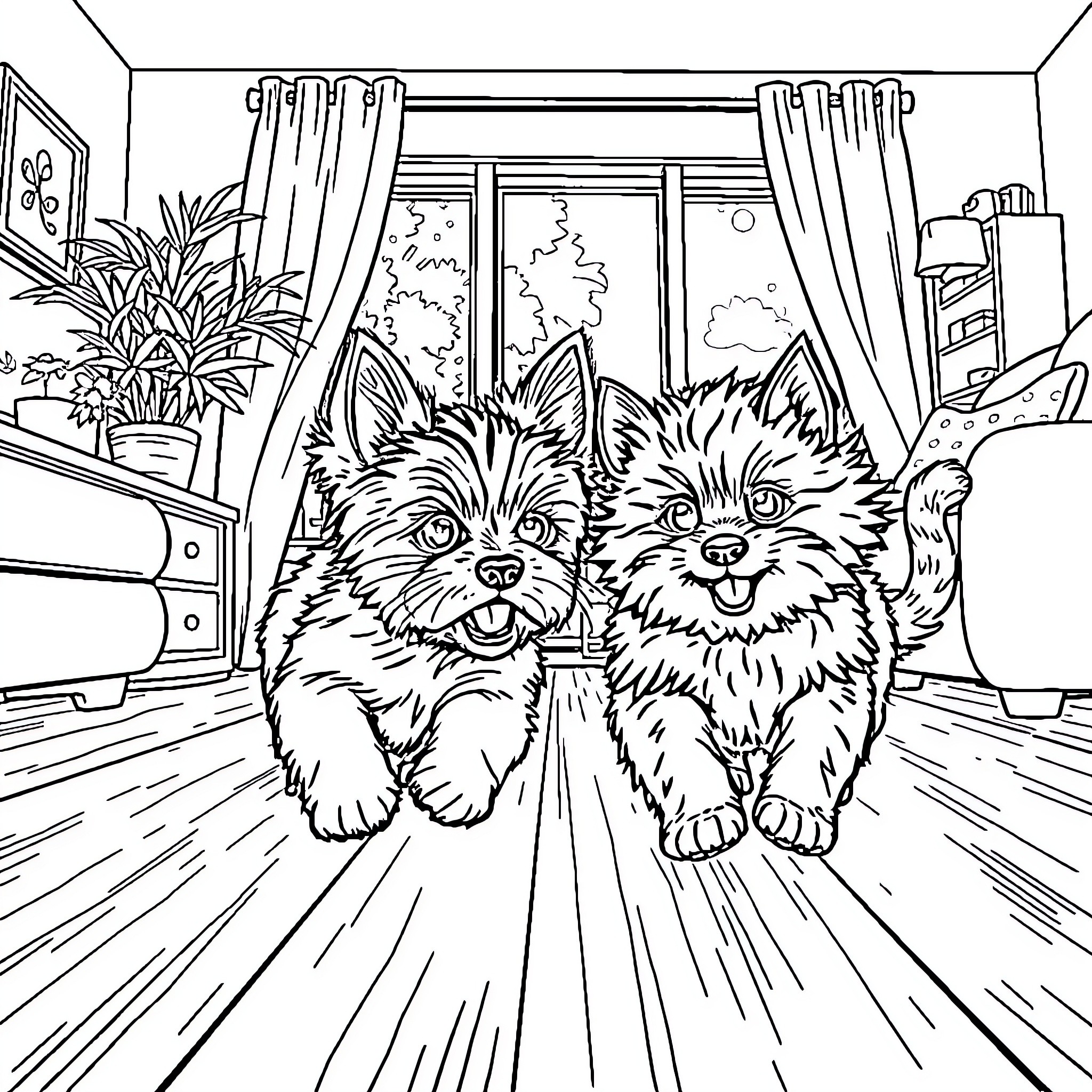 Yorkies playing happily in a cozy indoor setting Coloring Page (free black-and-white line drawing printable PDF for all, from beginners to advanced learners, including children, teens, adults, and seniors)