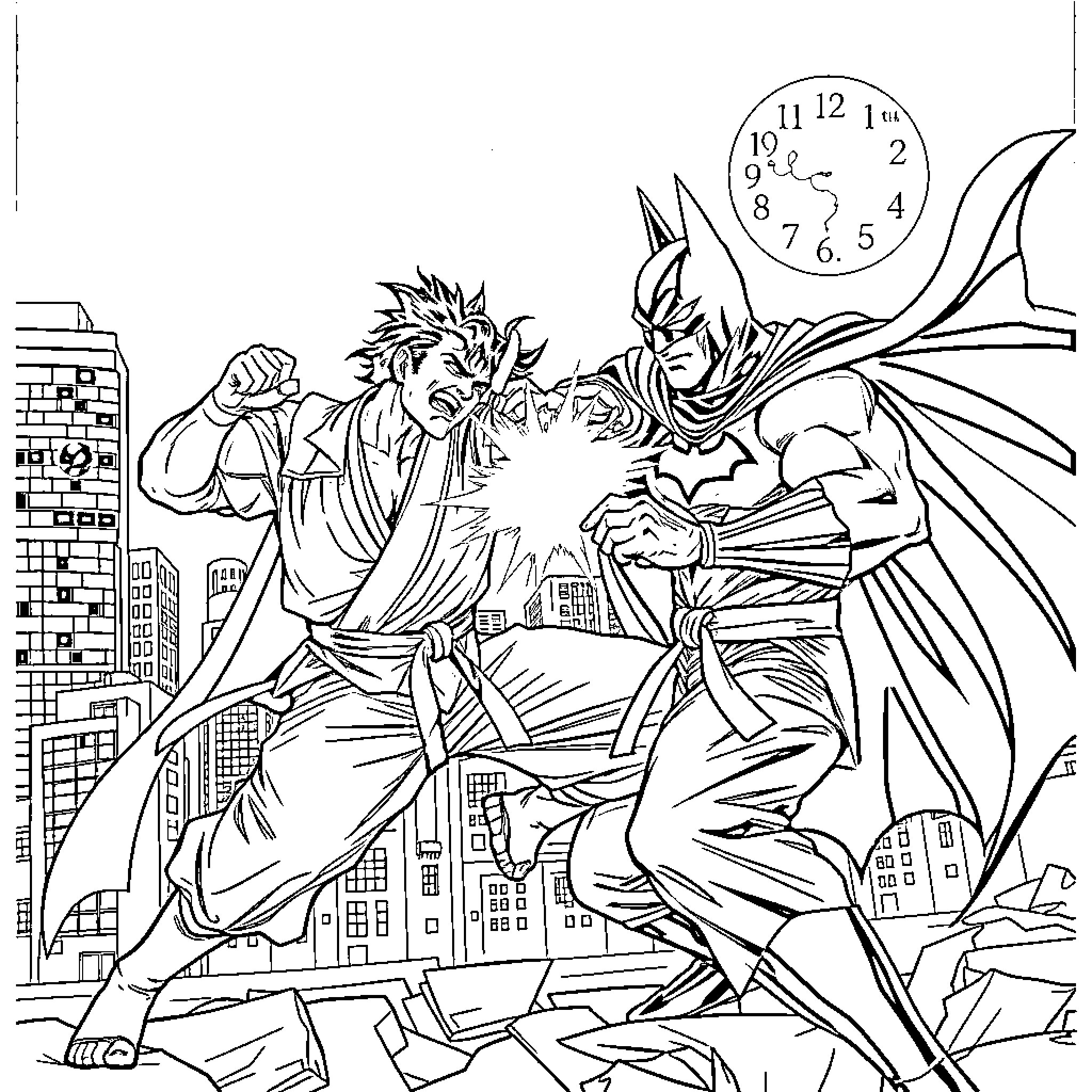Sangoku heroes battle against villainous foes in the city Coloring Page (free black-and-white line drawing printable PDF for all, from beginners to advanced learners, including children, teens, adults, and seniors)