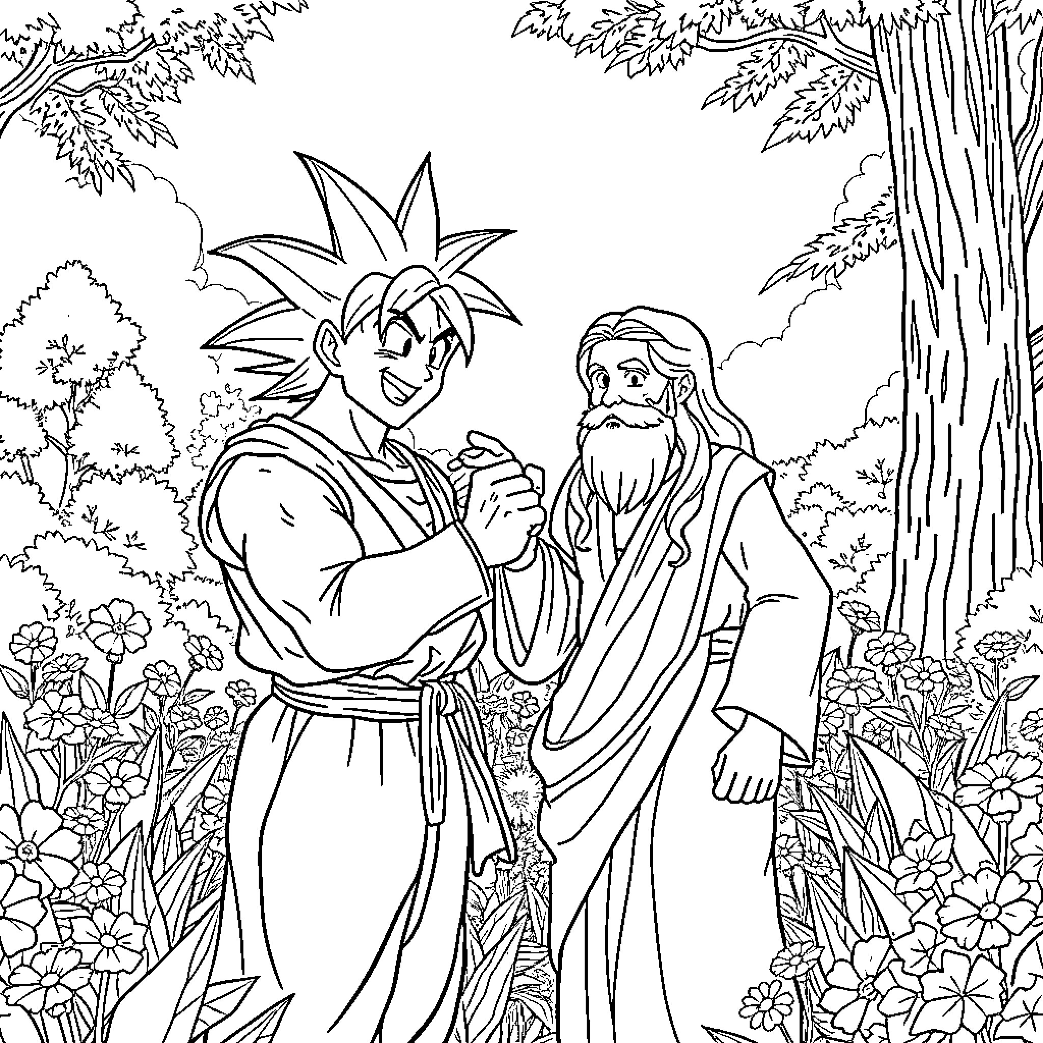 Goku's Journey with Wise Mentor in Serene Landscape Coloring Page (free black-and-white line drawing printable PDF for all, from beginners to advanced learners, including children, teens, adults, and seniors)