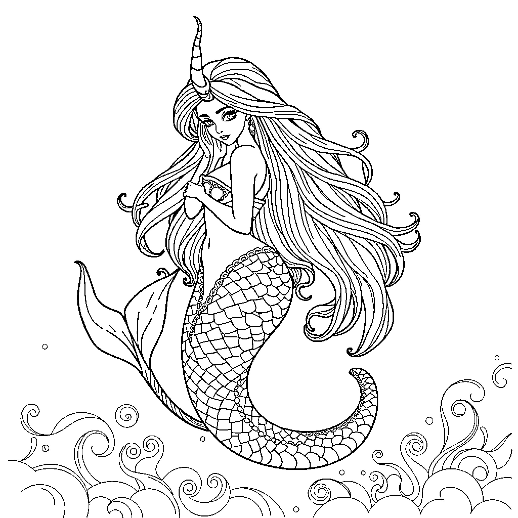 Mermaid swims gracefully in the ocean waves Coloring Page (free black-and-white line drawing printable PDF for all, from beginners to advanced learners, including children, teens, adults, and seniors)
