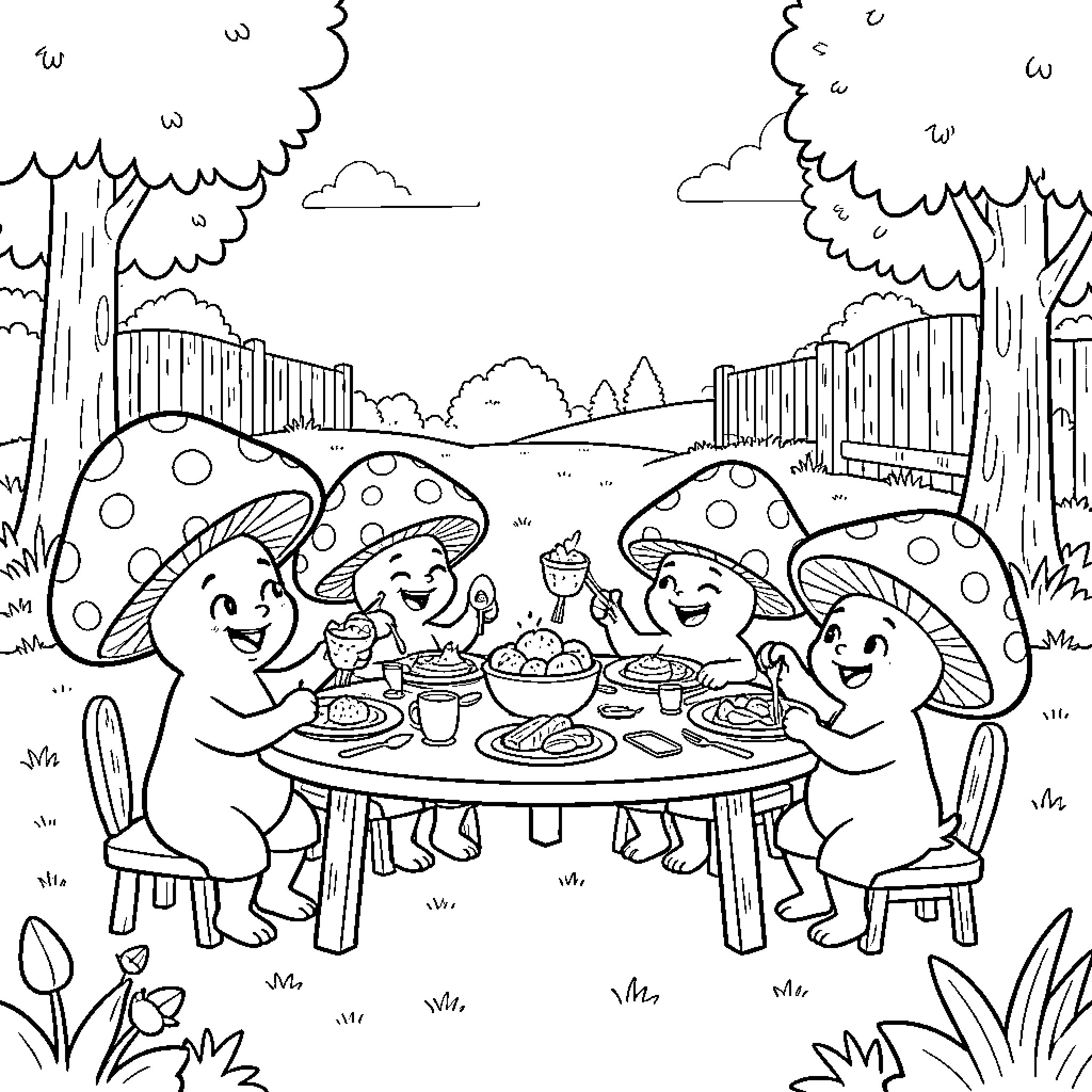 Mushroom creatures enjoying picnic in the forest Coloring Page (free black-and-white line drawing printable PDF for all, from beginners to advanced learners, including children, teens, adults, and seniors)