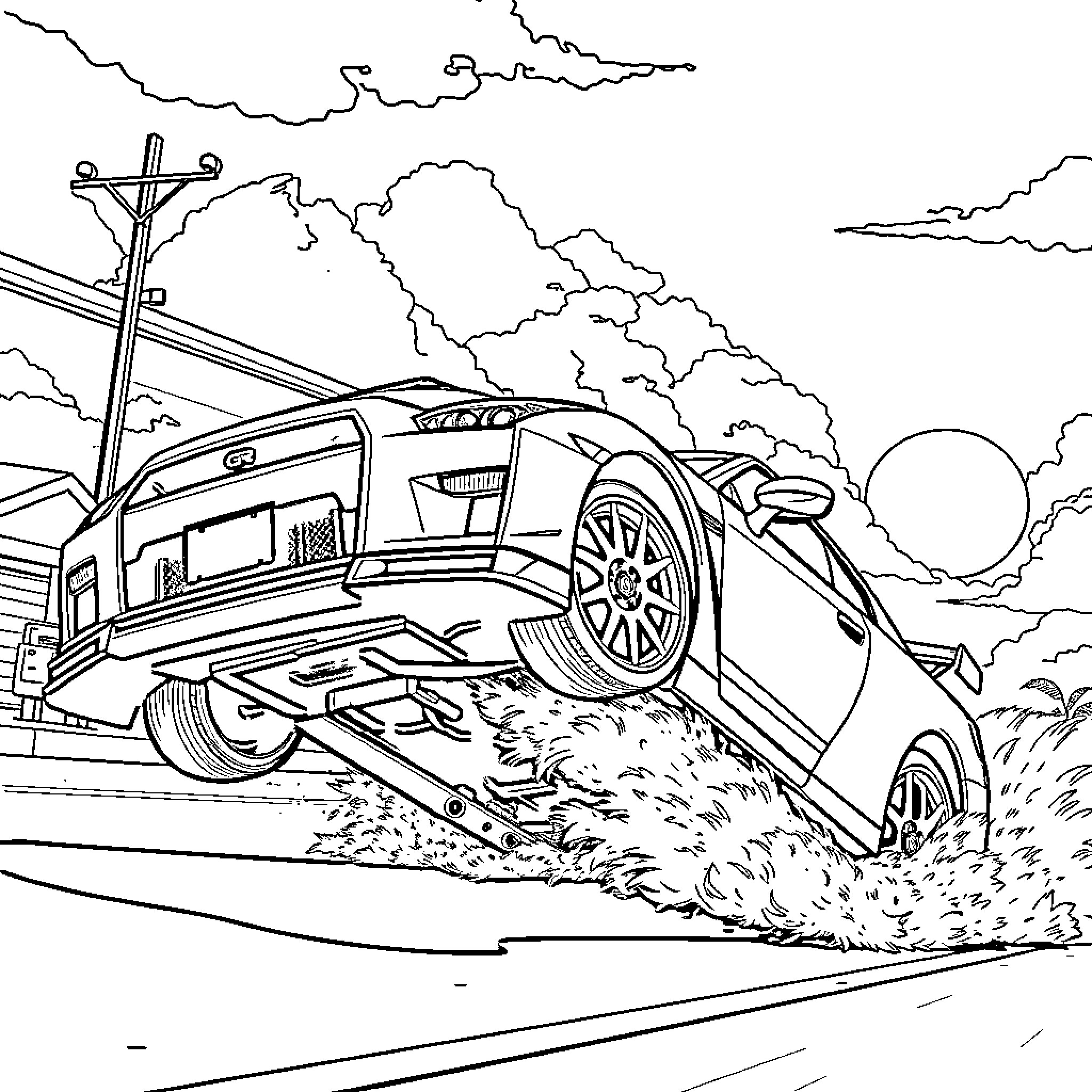 Nissan GTR racing through dusty road on cloudy day Coloring Page (free black-and-white line drawing printable PDF for all, from beginners to advanced learners, including children, teens, adults, and seniors)