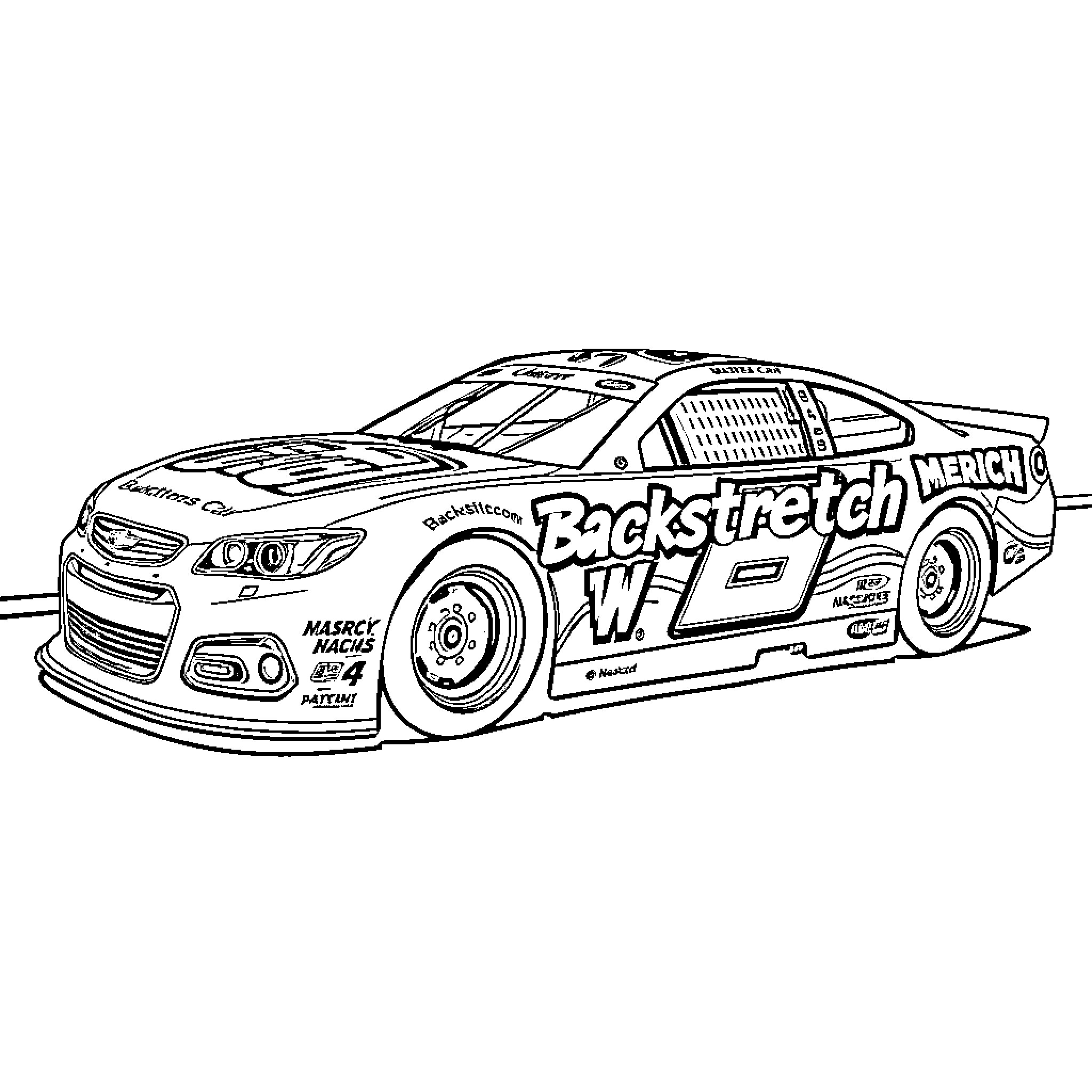 NASCAR Race Car with Racing Livery and Sponsor Logos Coloring Page (free black-and-white line drawing printable PDF for all, from beginners to advanced learners, including children, teens, adults, and seniors)