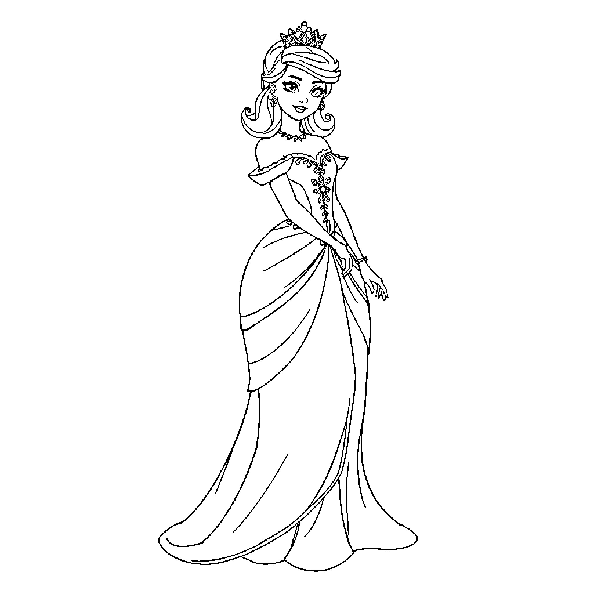 Princess in a Regal Gown and Crown Coloring Page (free black-and-white line drawing printable PDF for all, from beginners to advanced learners, including children, teens, adults, and seniors)