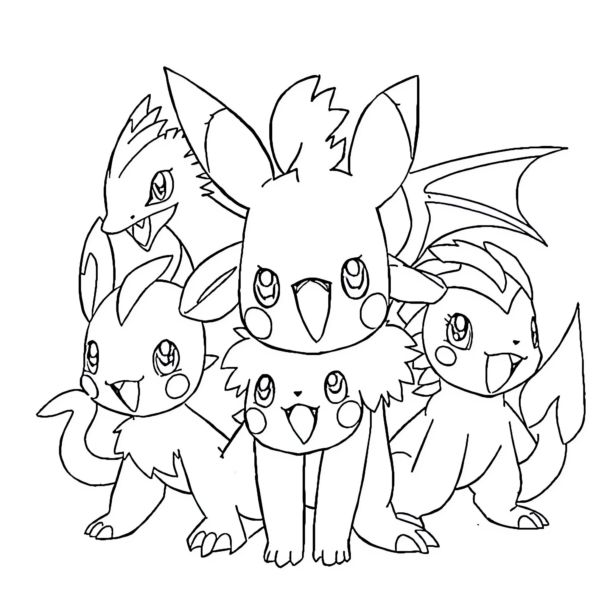 Pokémon Characters Gathered Together Coloring Page (free black-and-white line drawing printable PDF for all, from beginners to advanced learners, including children, teens, adults, and seniors)