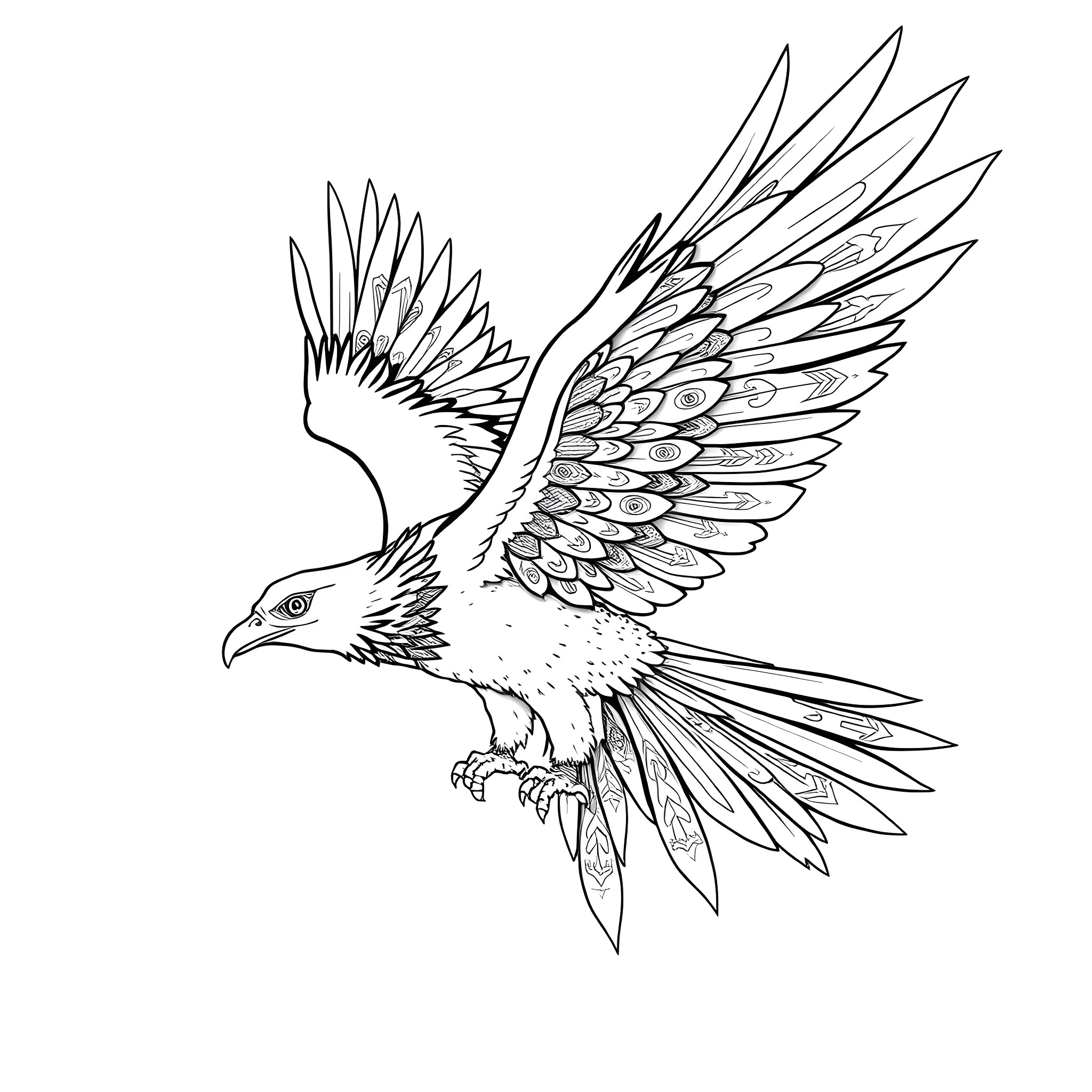 Thunderbird in flight with detailed feathers Coloring Page (free black-and-white line drawing printable PDF for all, from beginners to advanced learners, including children, teens, adults, and seniors)