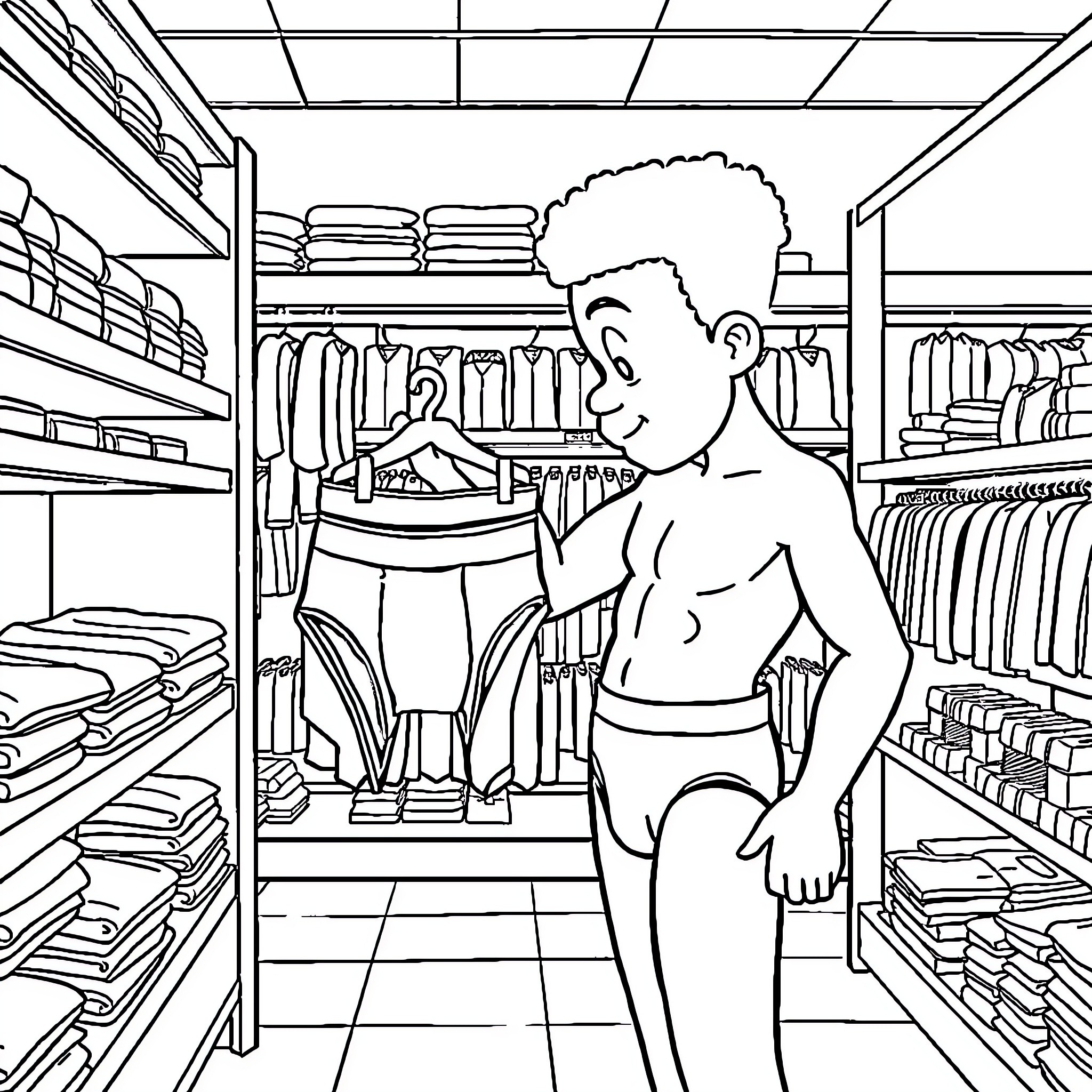 Mbappe Exploring Clothing Store Shelves Coloring Page (free black-and-white line drawing printable PDF for all, from beginners to advanced learners, including children, teens, adults, and seniors)