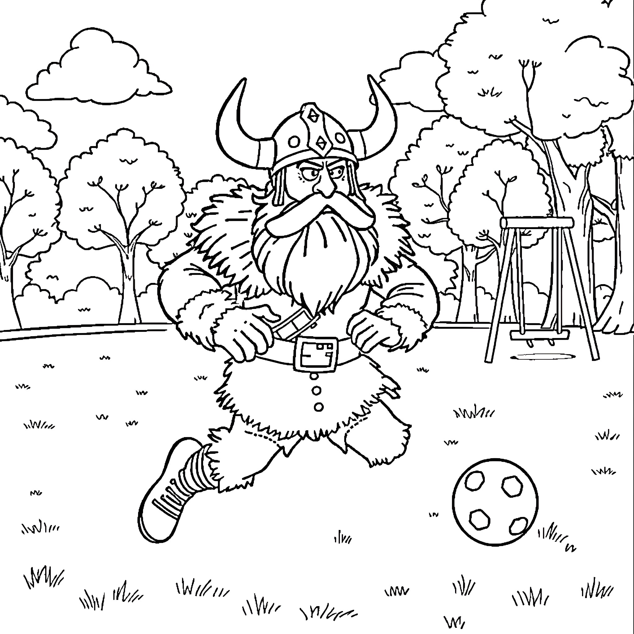 Viking warrior in outdoor adventure scene Coloring Page (free black-and-white line drawing printable PDF for all, from beginners to advanced learners, including children, teens, adults, and seniors)