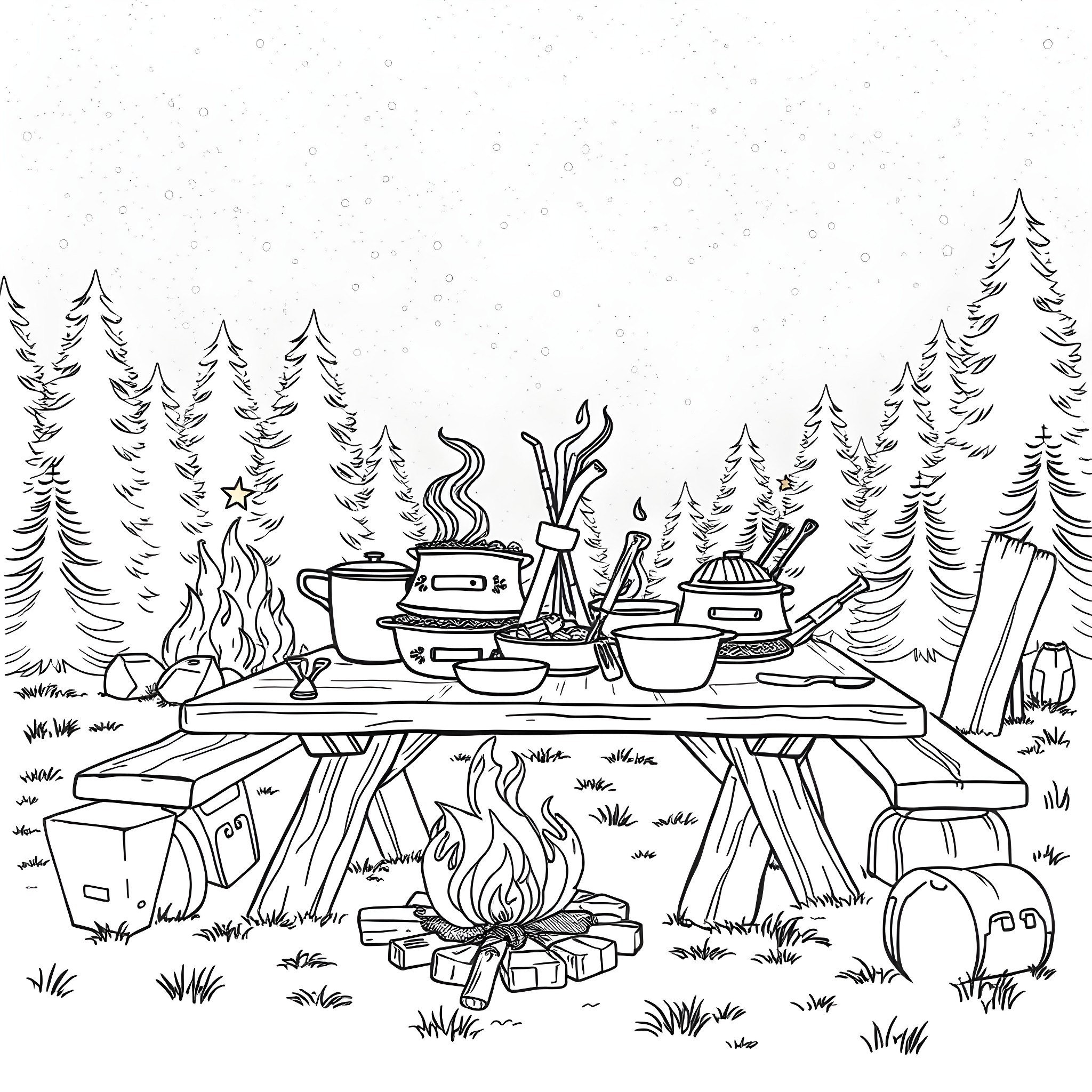 Food preparation in the outdoors Coloring Page (free black-and-white line drawing printable PDF for all, from beginners to advanced learners, including children, teens, adults, and seniors)