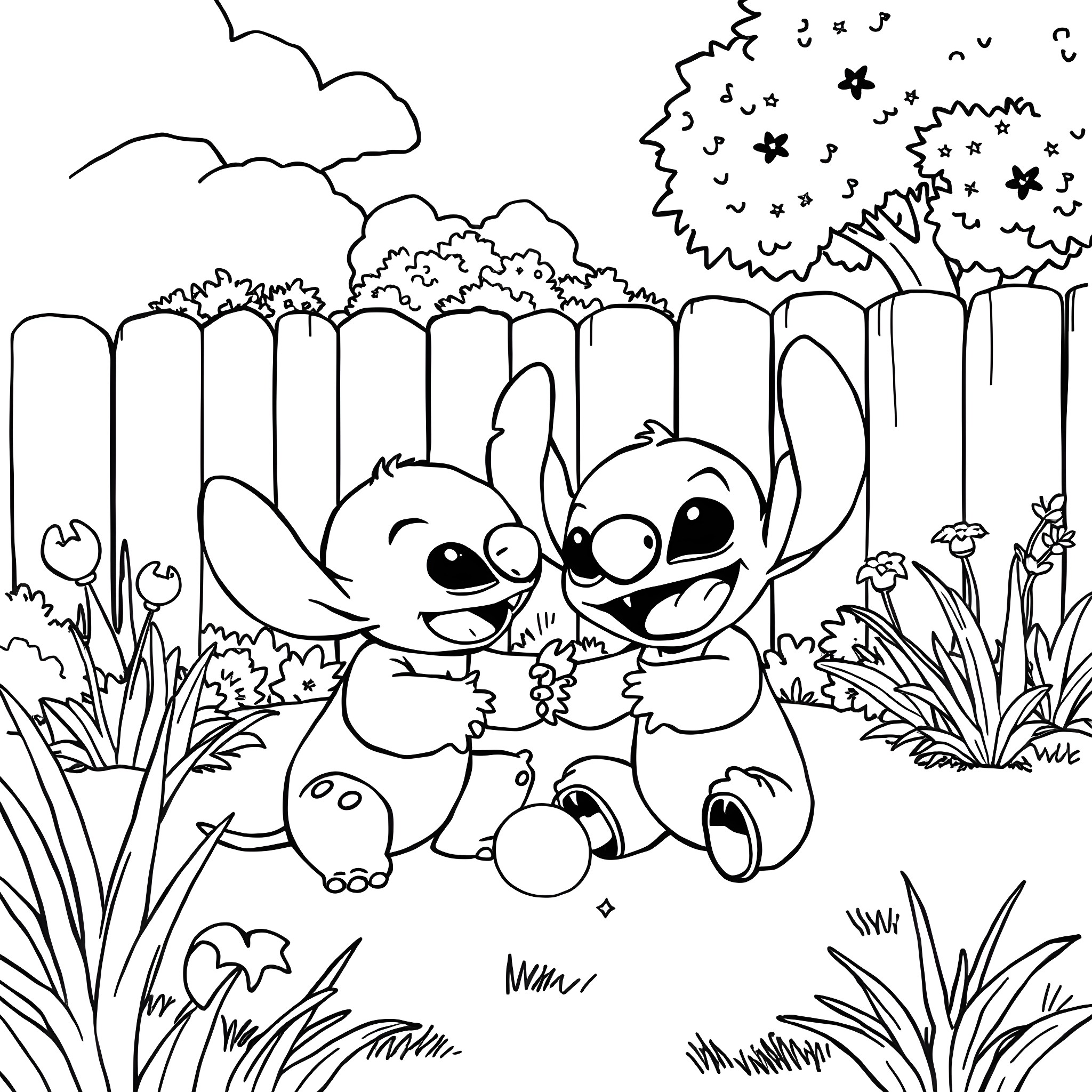 Stitch and Stitch enjoying in the magical forest Coloring Page (free black-and-white line drawing printable PDF for all, from beginners to advanced learners, including children, teens, adults, and seniors)