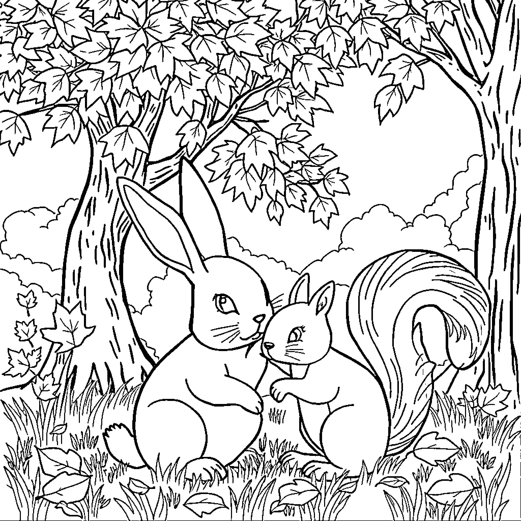 Rabbit companions in a natural woodland scene Coloring Page (free black-and-white line drawing printable PDF for all, from beginners to advanced learners, including children, teens, adults, and seniors)