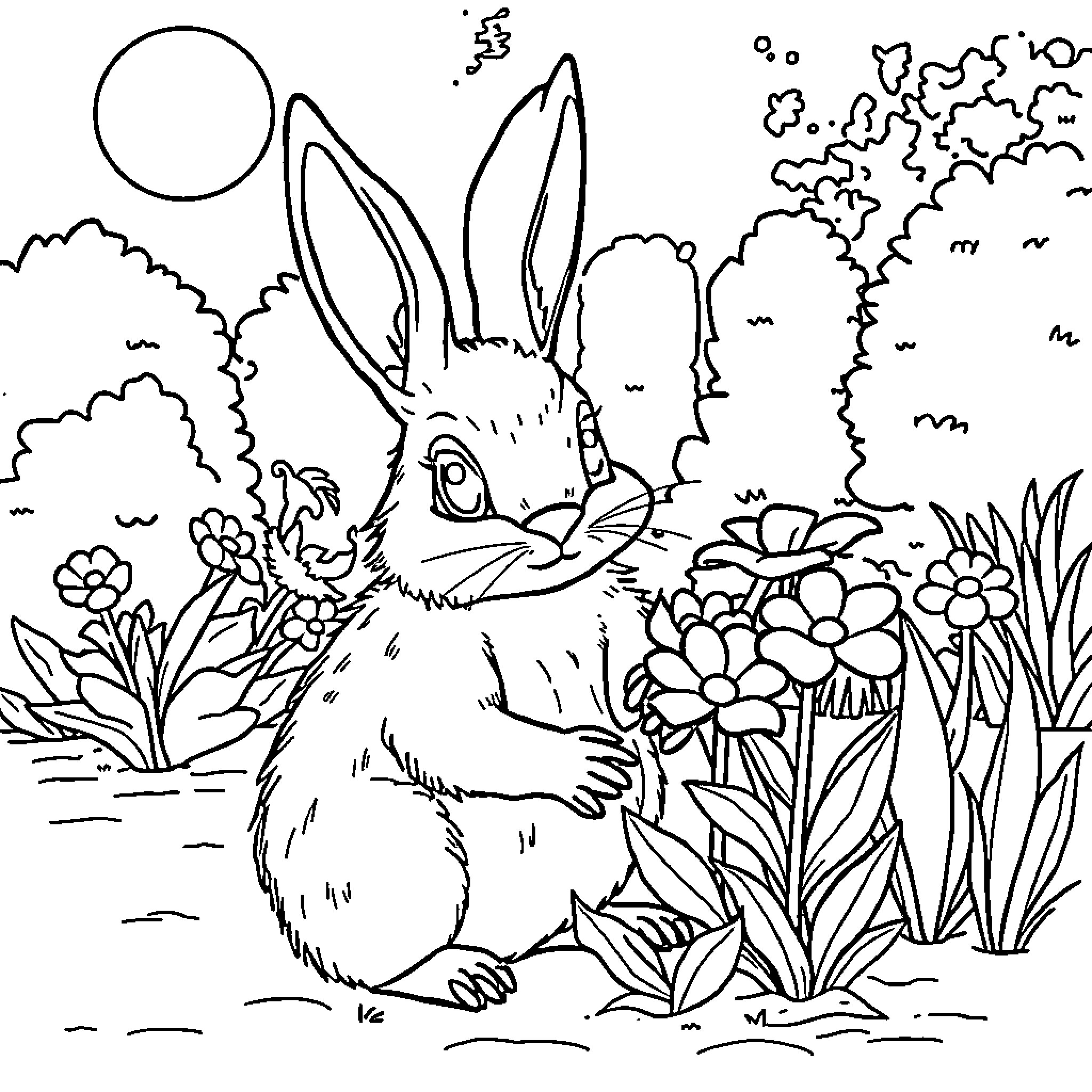 Rabbit admiring nature's beauty in a serene landscape Coloring Page (free black-and-white line drawing printable PDF for all, from beginners to advanced learners, including children, teens, adults, and seniors)