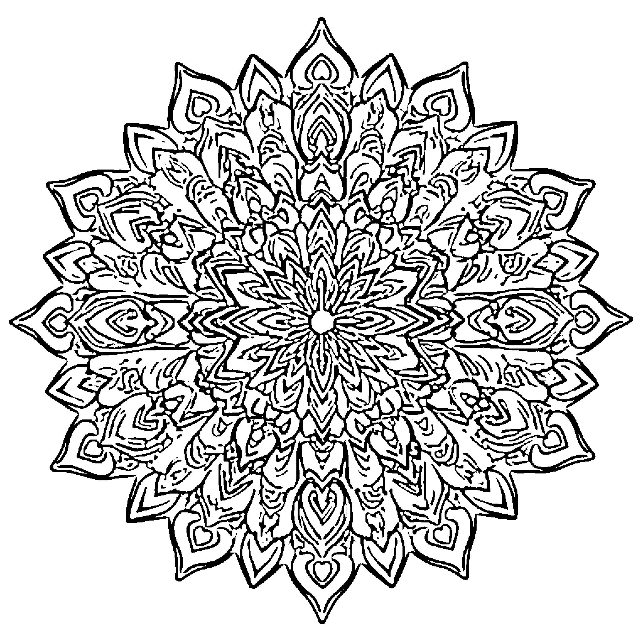 Mandala of intricate floral patterns Coloring Page (free black-and-white line drawing printable PDF for all, from beginners to advanced learners, including children, teens, adults, and seniors)