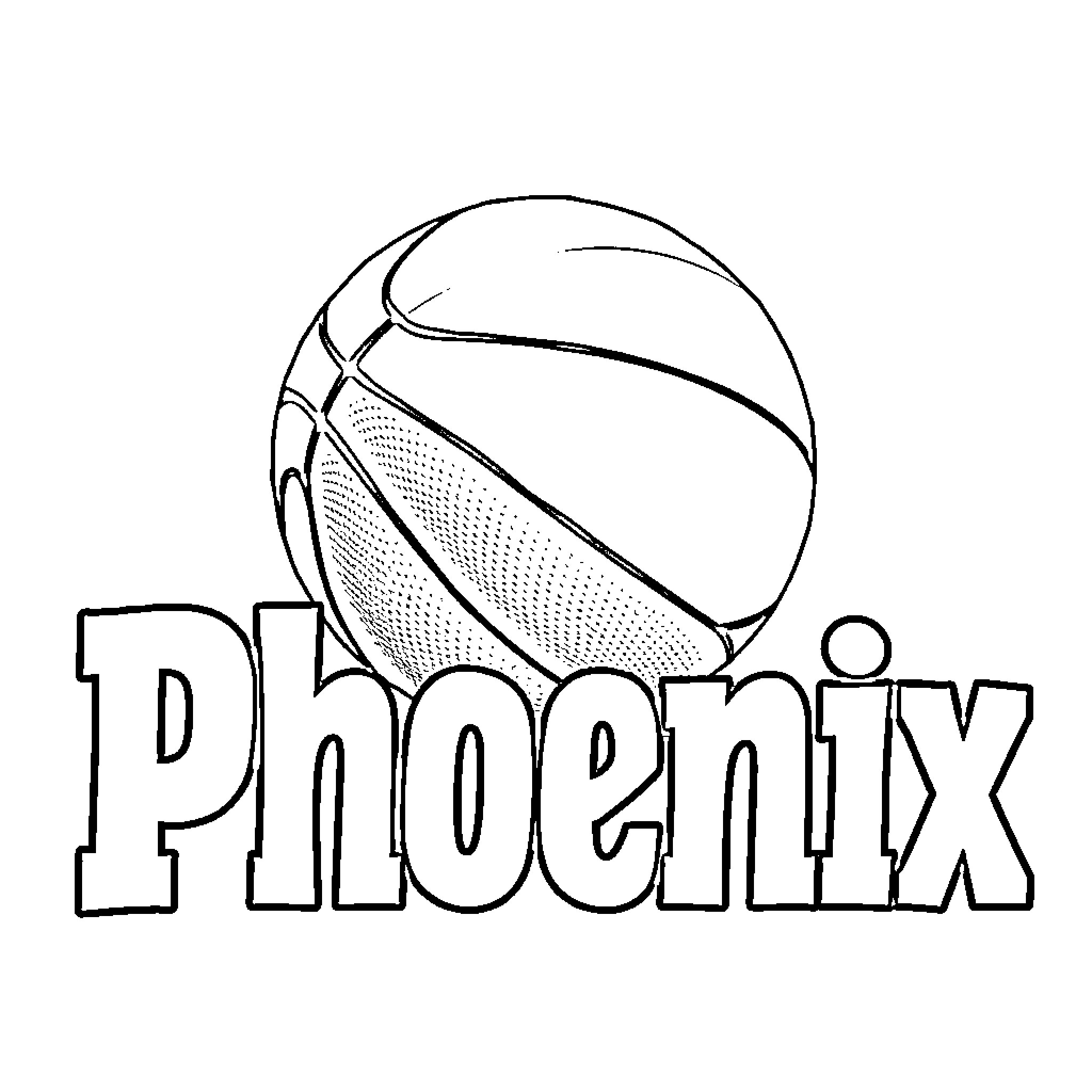 Basketball with Phoenix text Coloring Page (free black-and-white line drawing printable PDF for all, from beginners to advanced learners, including children, teens, adults, and seniors)