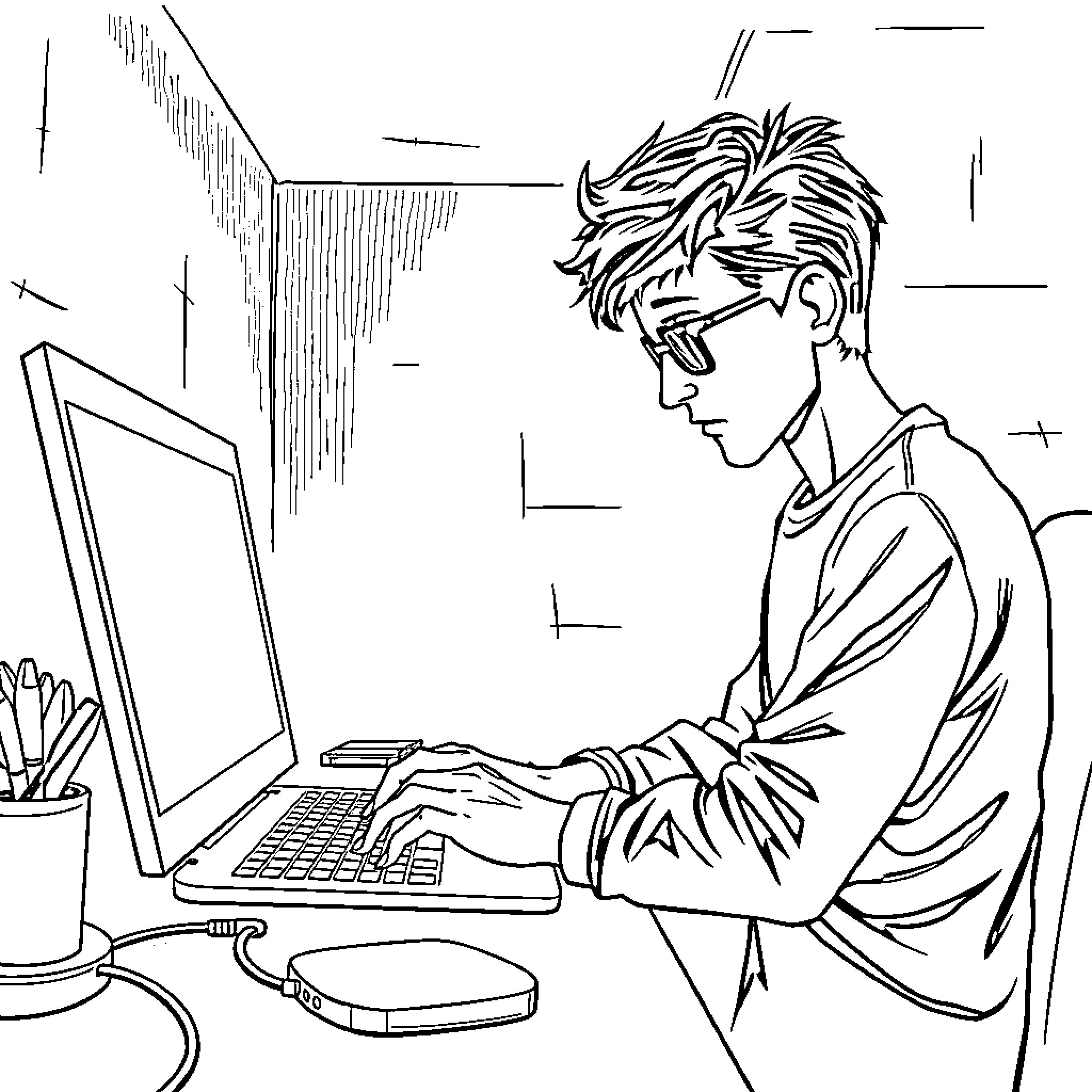 Computer User Concentrating on Task Coloring Page (free black-and-white line drawing printable PDF for all, from beginners to advanced learners, including children, teens, adults, and seniors)