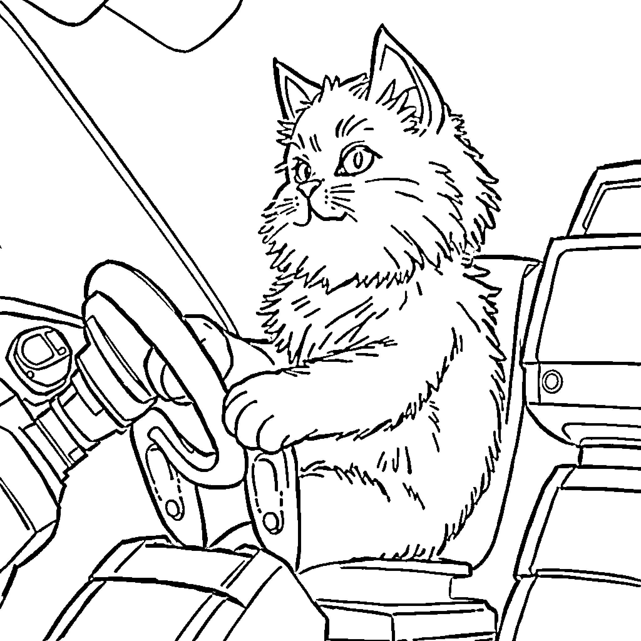 Cat in driver's seat of a vehicle Coloring Page (free black-and-white line drawing printable PDF for all, from beginners to advanced learners, including children, teens, adults, and seniors)