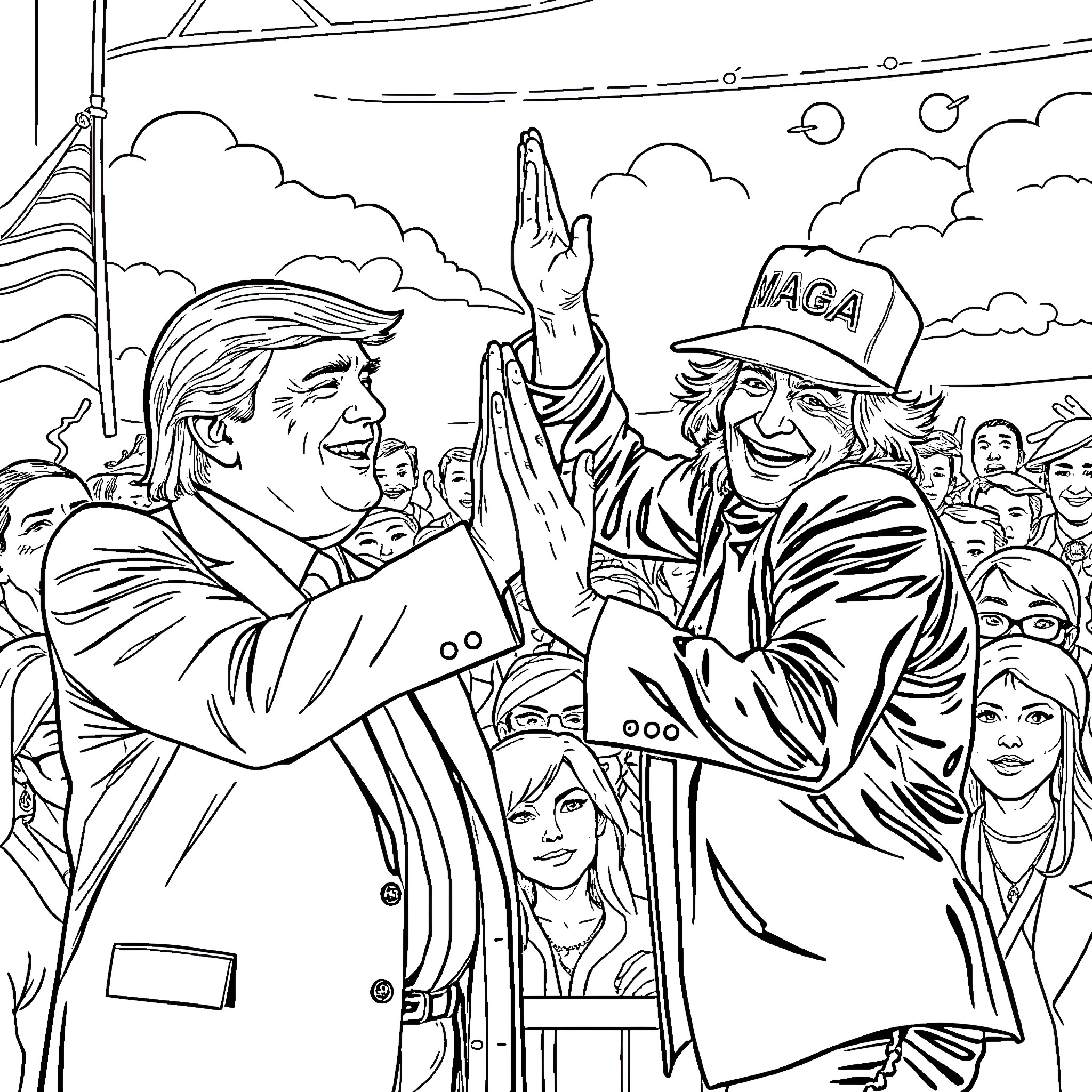 Mick Jagger and Fanatical Supporters at a Rally Coloring Page (free black-and-white line drawing printable PDF for all, from beginners to advanced learners, including children, teens, adults, and seniors)