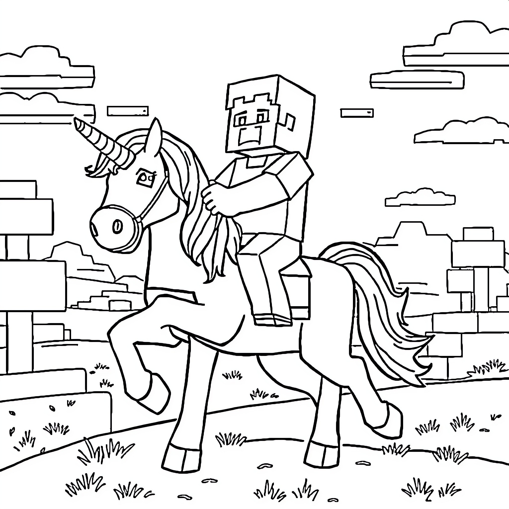 Steve rides a magical unicorn through the blocky landscape Coloring Page (free black-and-white line drawing printable PDF for all, from beginners to advanced learners, including children, teens, adults, and seniors)