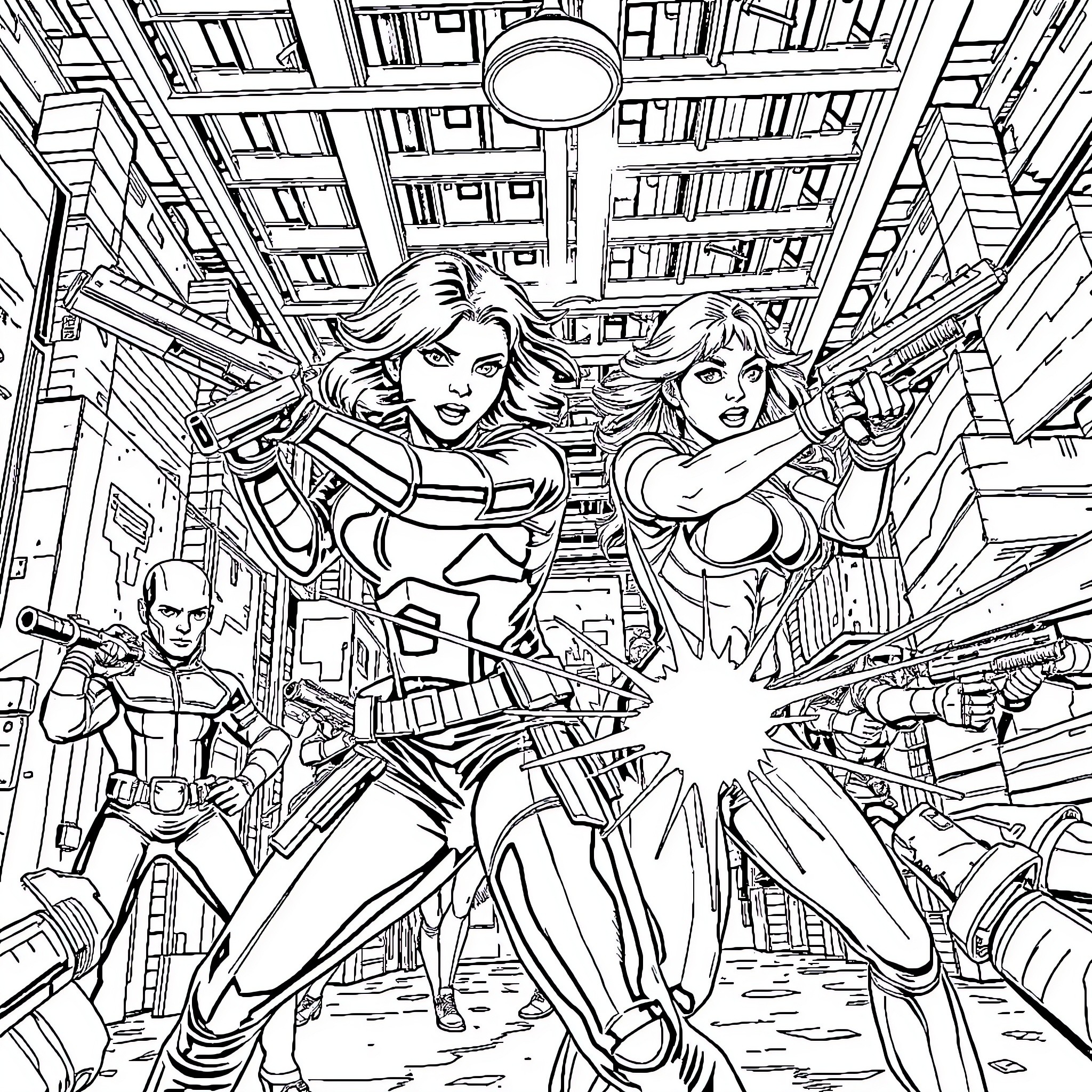 Natasha Romanoff and Allies in Action Coloring Page (free black-and-white line drawing printable PDF for all, from beginners to advanced learners, including children, teens, adults, and seniors)