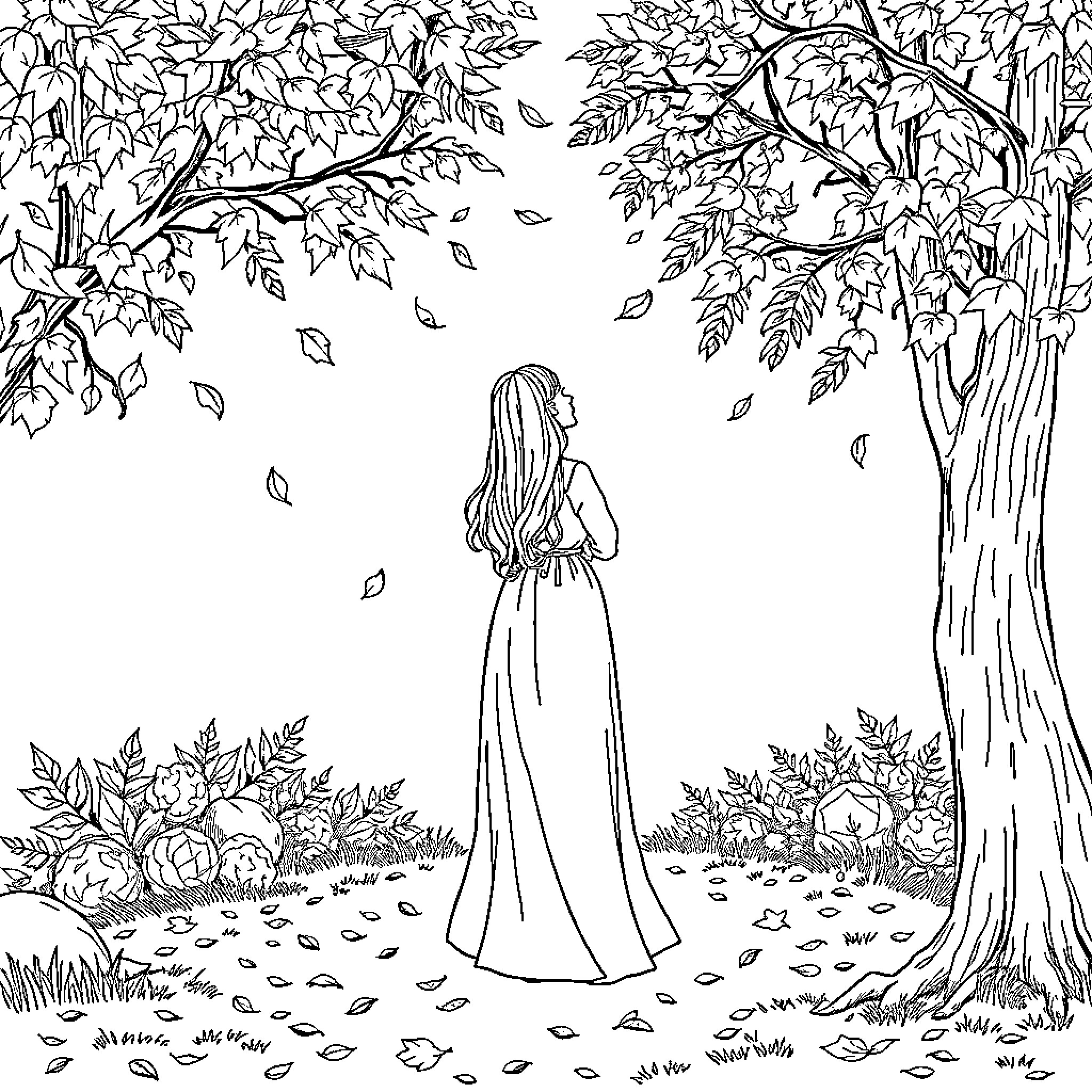 Faith in Autumn's Embrace Coloring Page (free black-and-white line drawing printable PDF for all, from beginners to advanced learners, including children, teens, adults, and seniors)