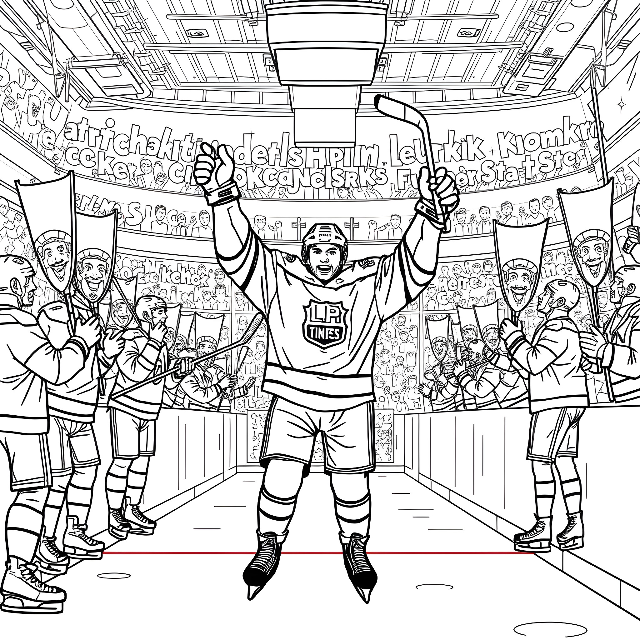 Ice Hockey Player Celebrates Victory in Arena Coloring Page (free black-and-white line drawing printable PDF for all, from beginners to advanced learners, including children, teens, adults, and seniors)