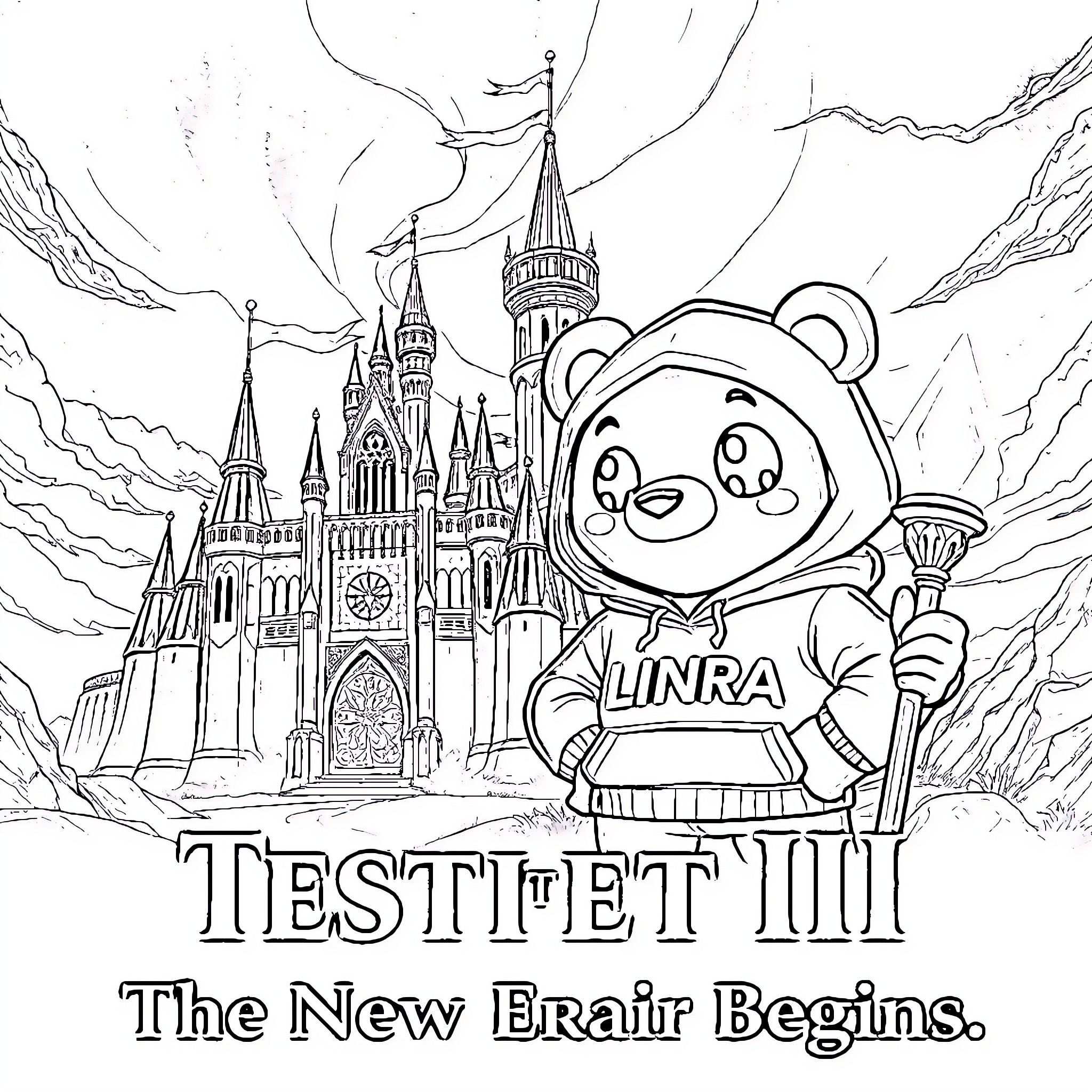 Chibi Bear Exploring a Fantastical Castle Coloring Page (free black-and-white line drawing printable PDF for all, from beginners to advanced learners, including children, teens, adults, and seniors)