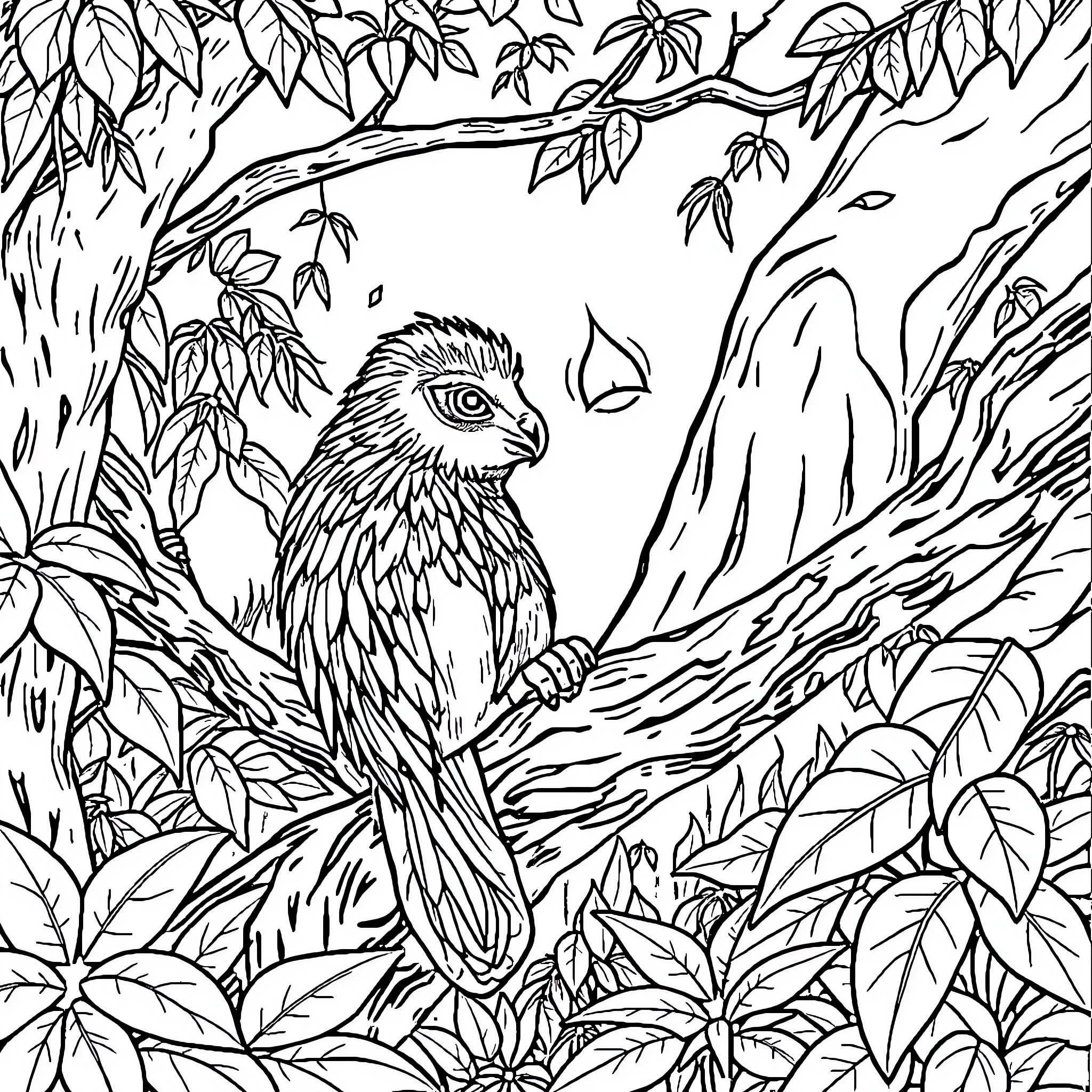 Animal resting on branch in forest Coloring Page (free black-and-white line drawing printable PDF for all, from beginners to advanced learners, including children, teens, adults, and seniors)