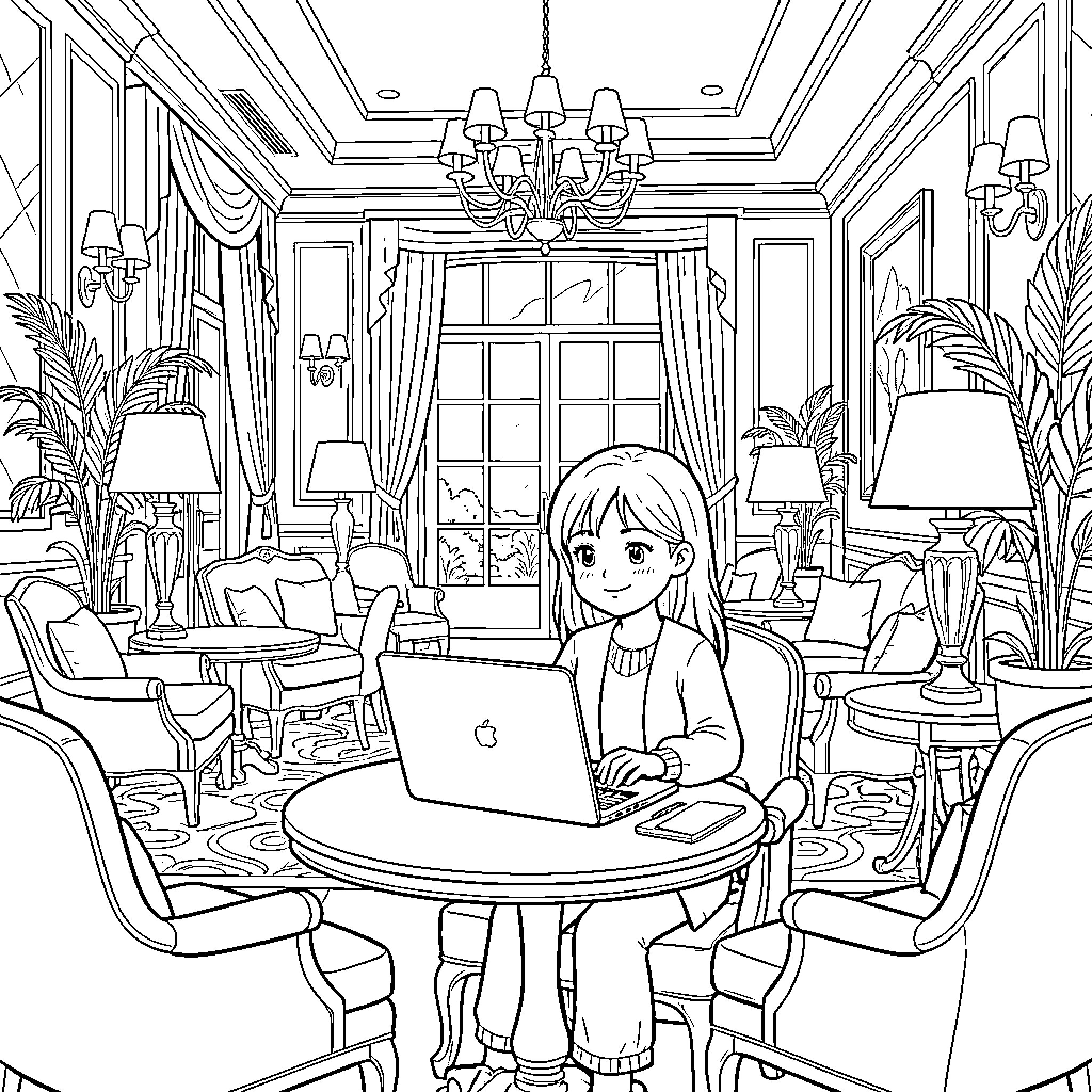 Girl Working Diligently on Laptop in Elegant Room Coloring Page (free black-and-white line drawing printable PDF for all, from beginners to advanced learners, including children, teens, adults, and seniors)