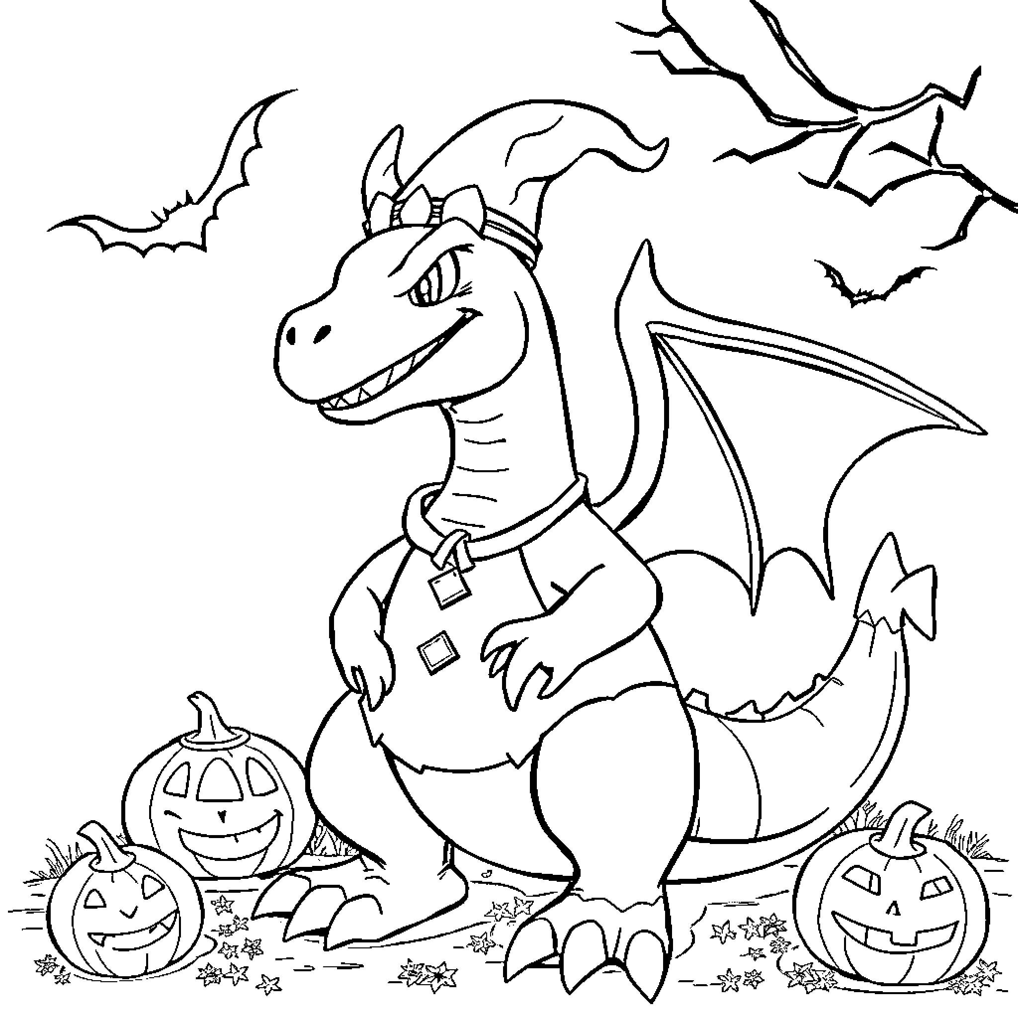 Charizard celebrating Halloween with pumpkins Coloring Page (free black-and-white line drawing printable PDF for all, from beginners to advanced learners, including children, teens, adults, and seniors)