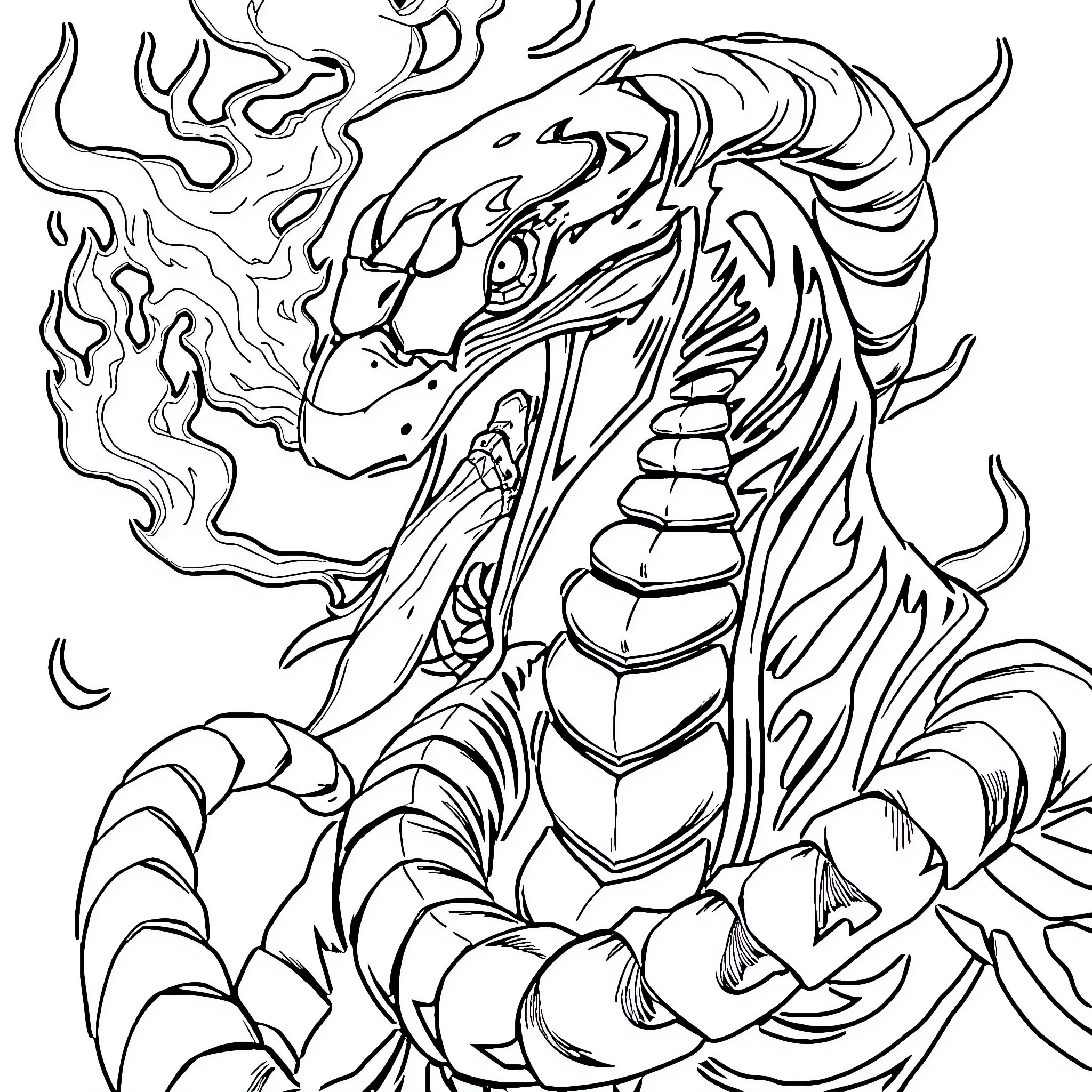 Scorpion creature wielding fiery power Coloring Page (free black-and-white line drawing printable PDF for all, from beginners to advanced learners, including children, teens, adults, and seniors)