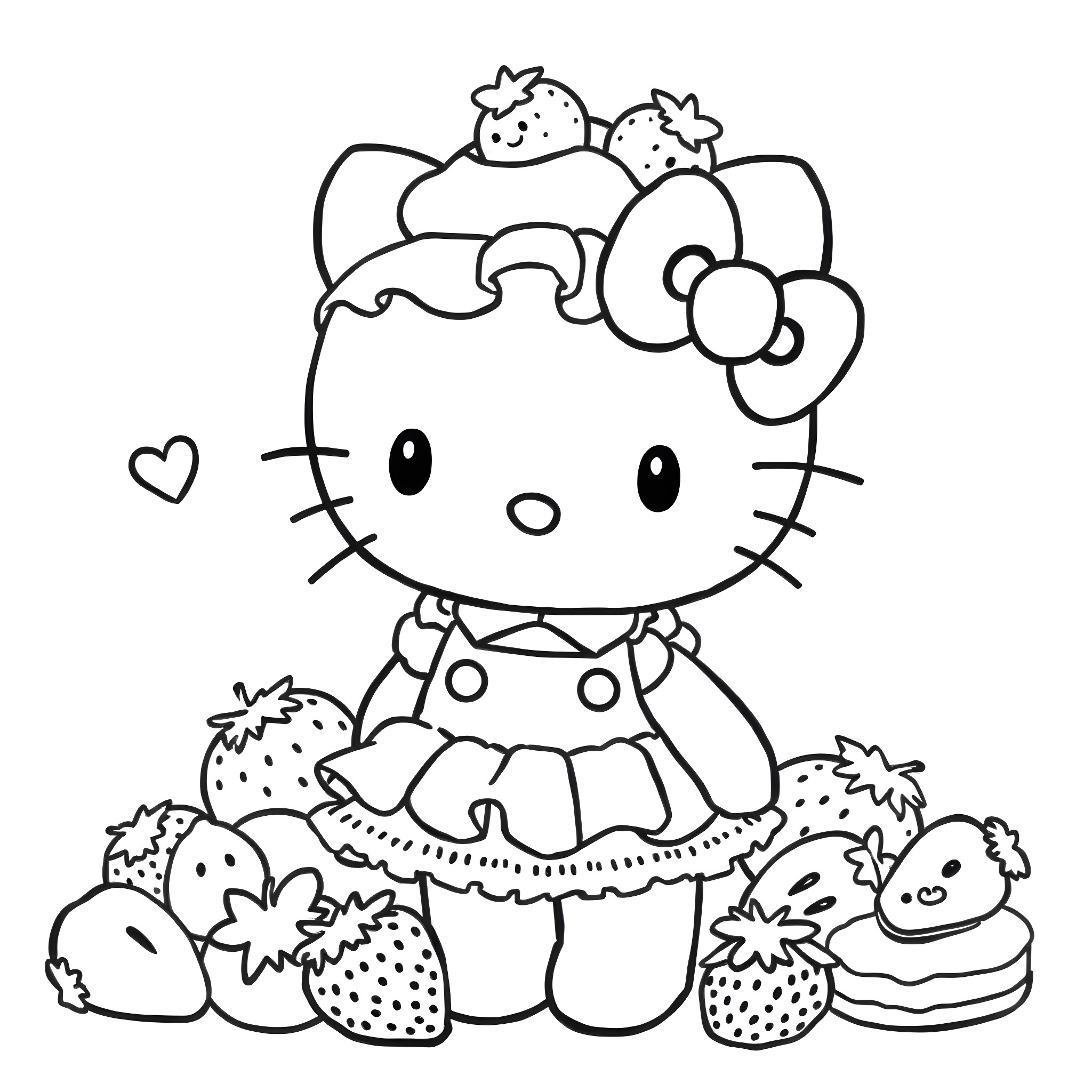 Hello Kitty surrounded by strawberries Coloring Page (free black-and-white line drawing printable PDF for all, from beginners to advanced learners, including children, teens, adults, and seniors)
