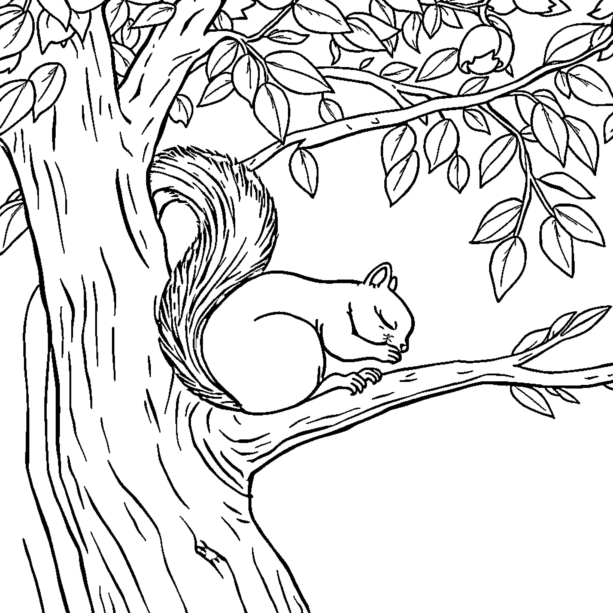 Squirrel resting on a tree branch Coloring Page (free black-and-white line drawing printable PDF for all, from beginners to advanced learners, including children, teens, adults, and seniors)